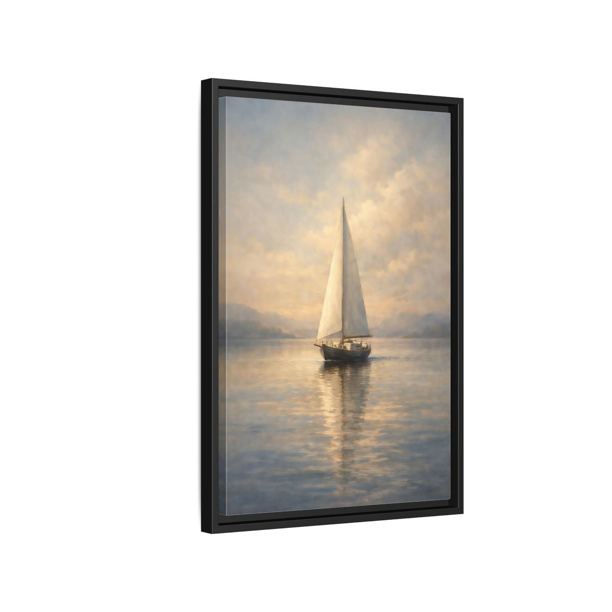 Side Mockup 3. Nature Sailboat Blue And Gold shown as stretched canvas wall art