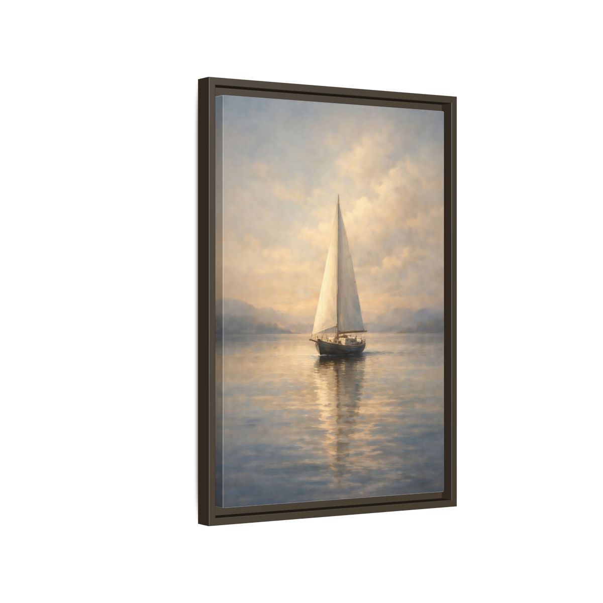 Side Mockup 2. Nature Sailboat Blue And Gold shown as stretched canvas wall art