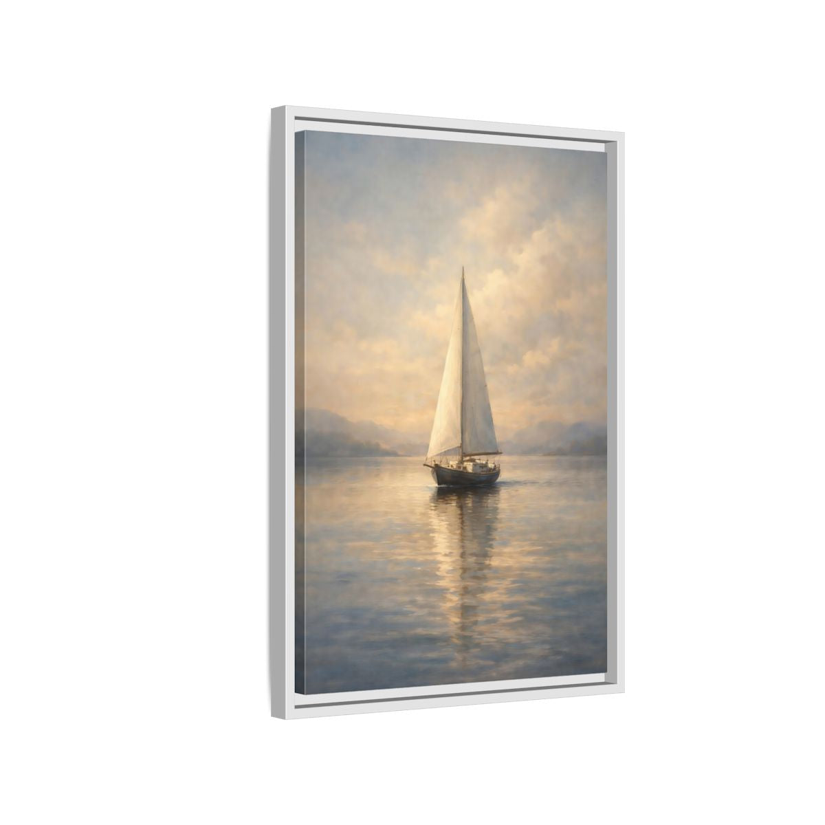 Side Mockup 1. Nature Sailboat Blue And Gold shown as stretched canvas wall art