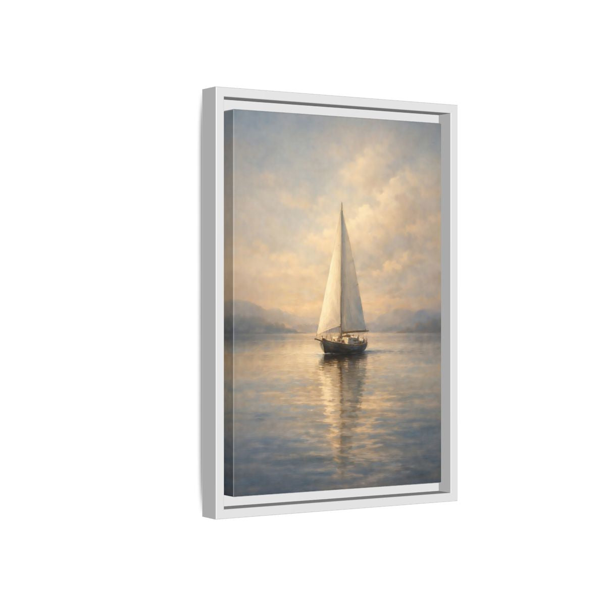 Side Mockup 4. Nature Sailboat Blue And Gold shown as stretched canvas wall art