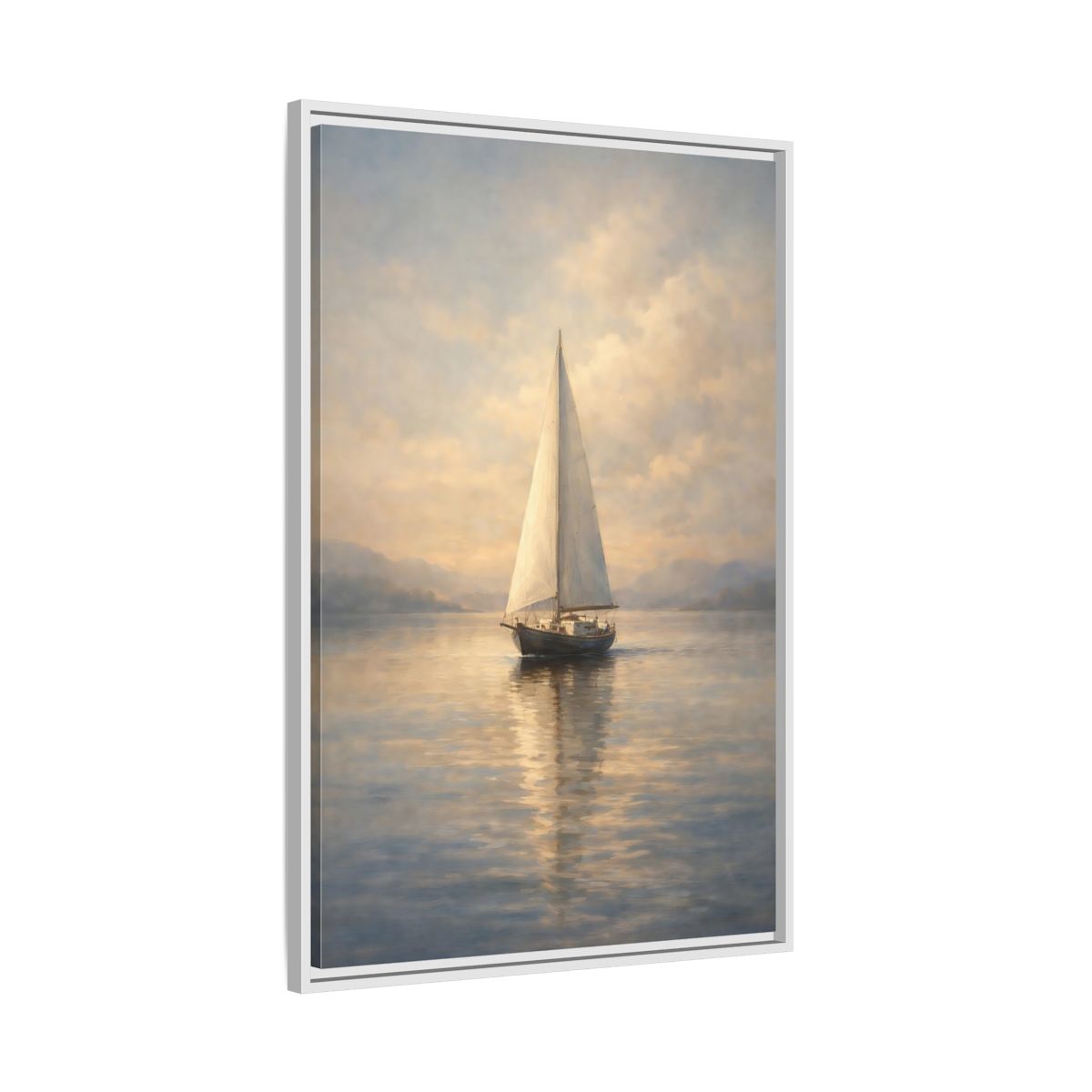 Side Mockup 9. Nature Sailboat Blue And Gold shown as stretched canvas wall art