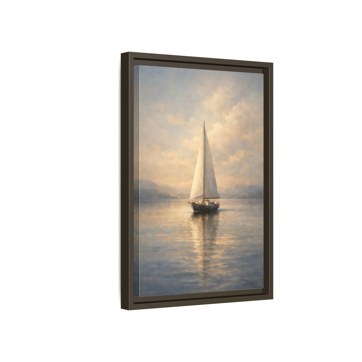 Side Mockup 5. Nature Sailboat Blue And Gold shown as stretched canvas wall art