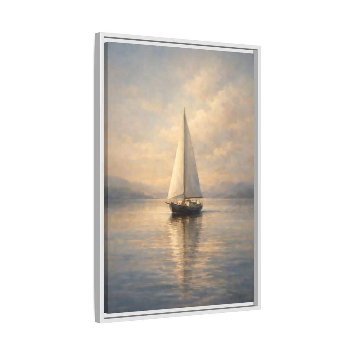 Side Mockup 11. Nature Sailboat Blue And Gold shown as stretched canvas wall art