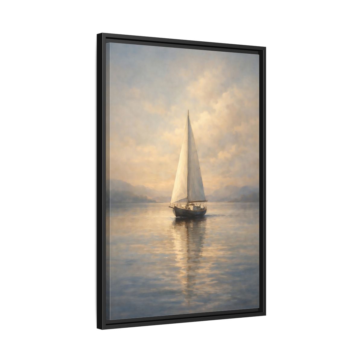 Side Mockup 14. Nature Sailboat Blue And Gold shown as stretched canvas wall art