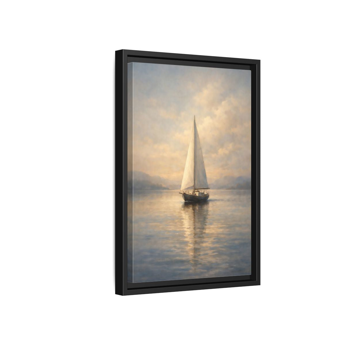 Side Mockup 6. Nature Sailboat Blue And Gold shown as stretched canvas wall art