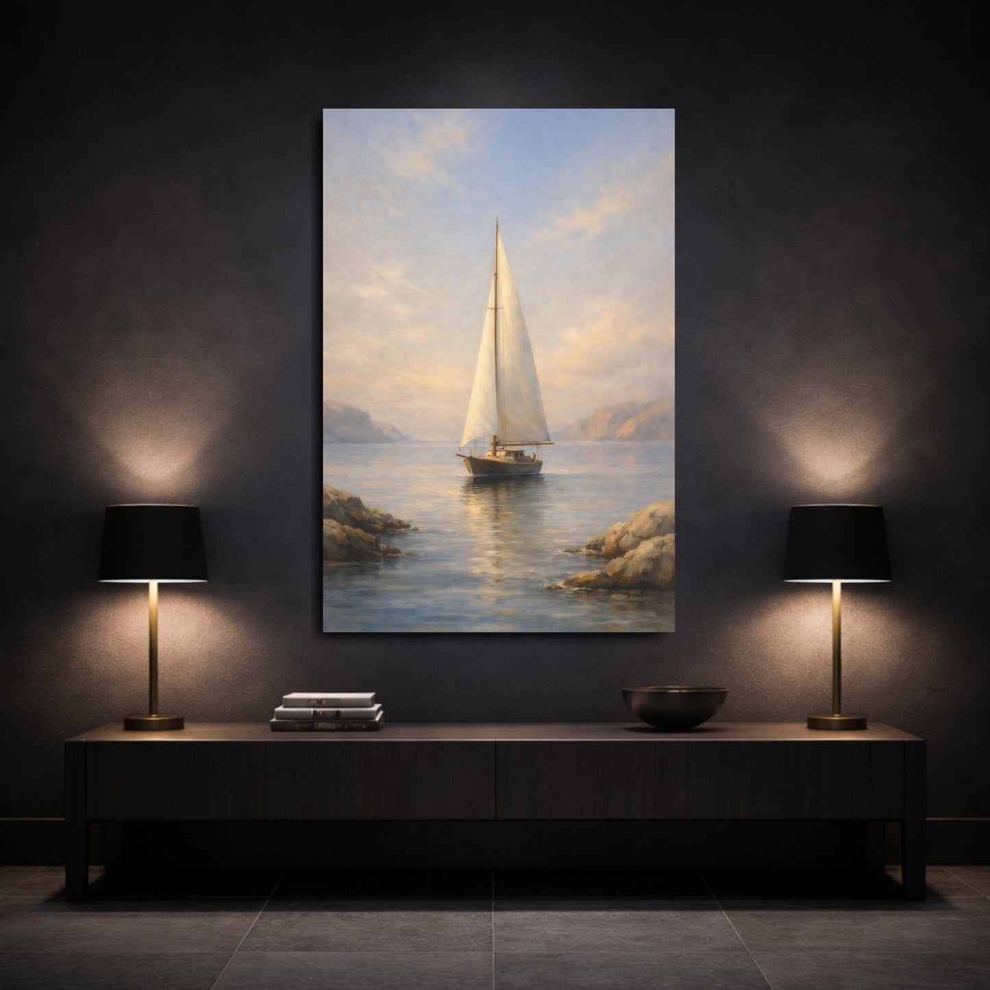 Mockup 2. Nature Sailboat Blue And Gold shown as stretched canvas wall art