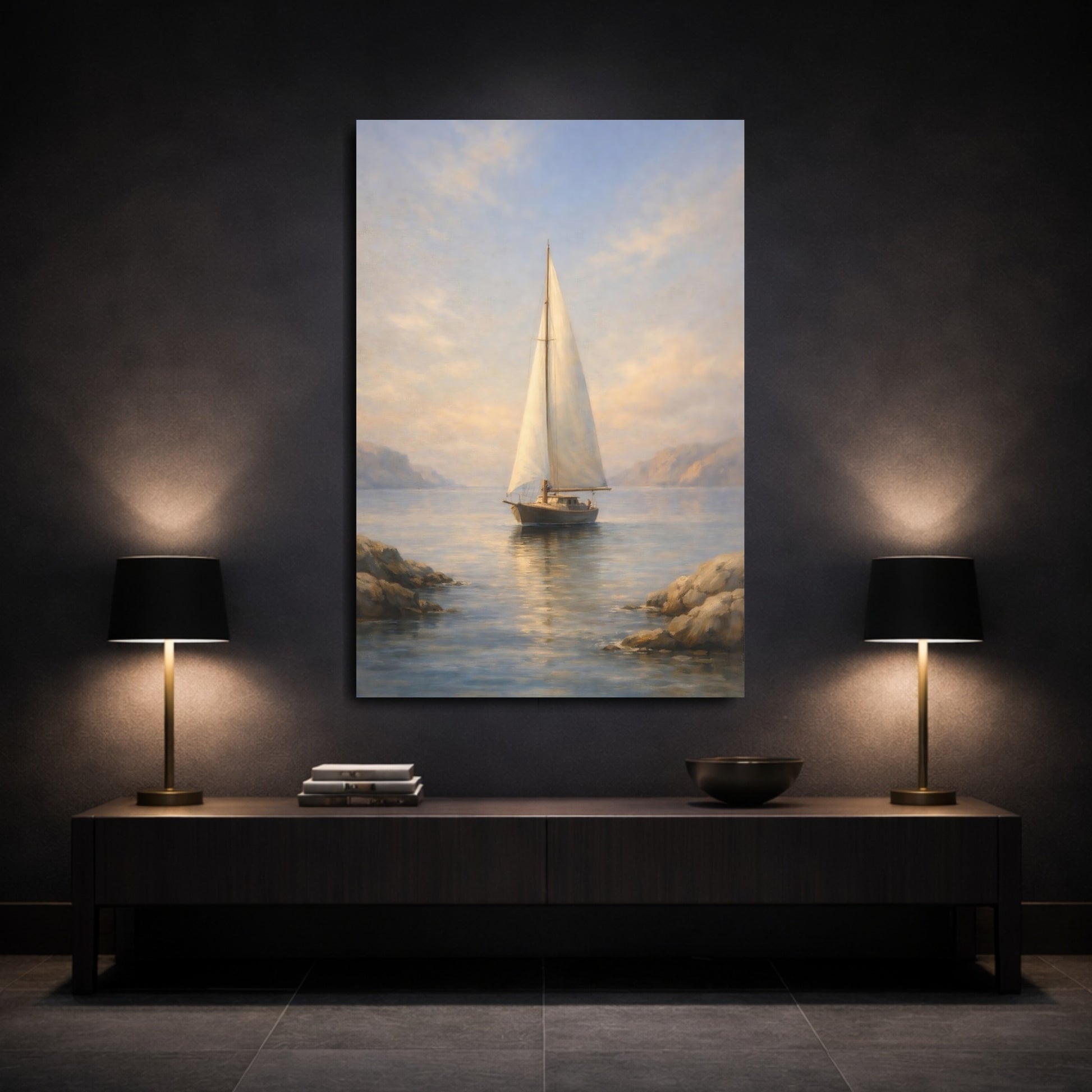 Mockup 2. Nature Sailboat Blue And Gold shown as stretched canvas wall art