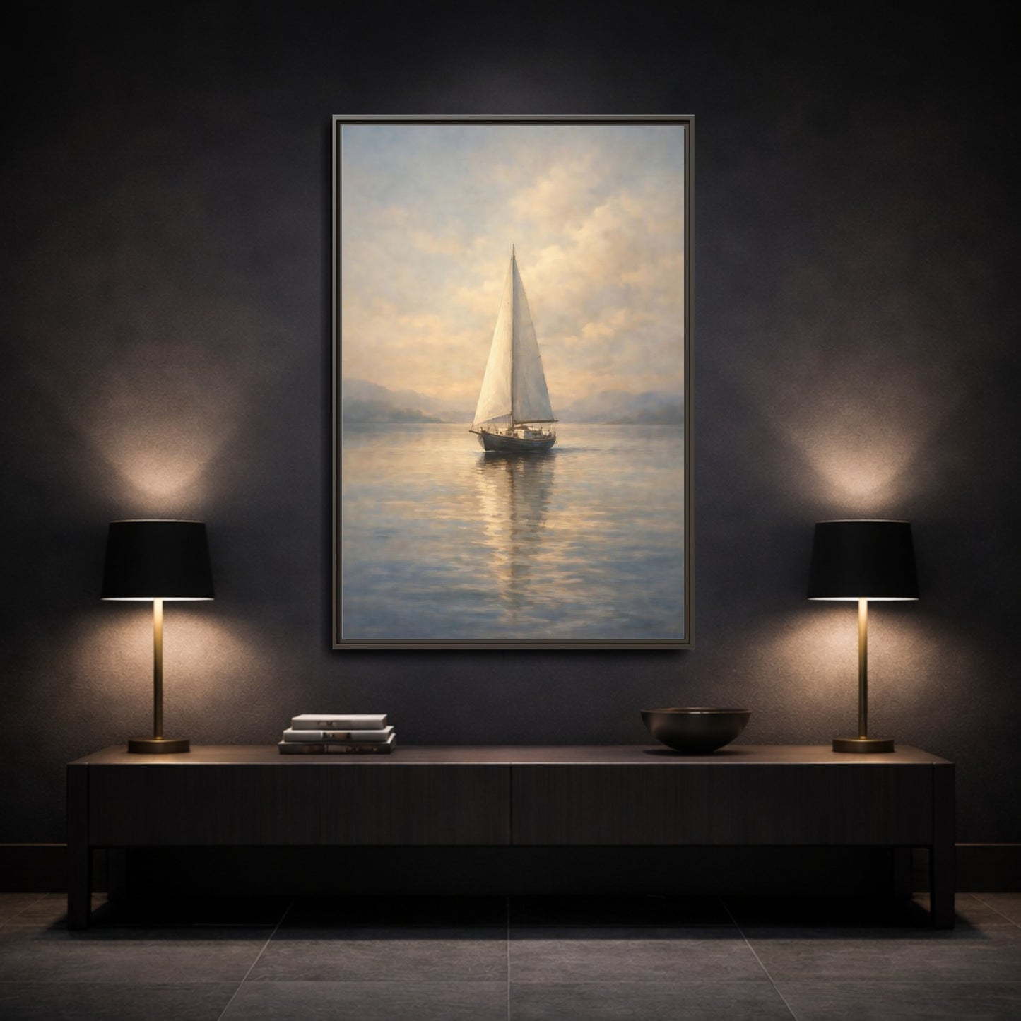 Mockup 2. Nature Sailboat Blue And Gold shown as stretched canvas wall art