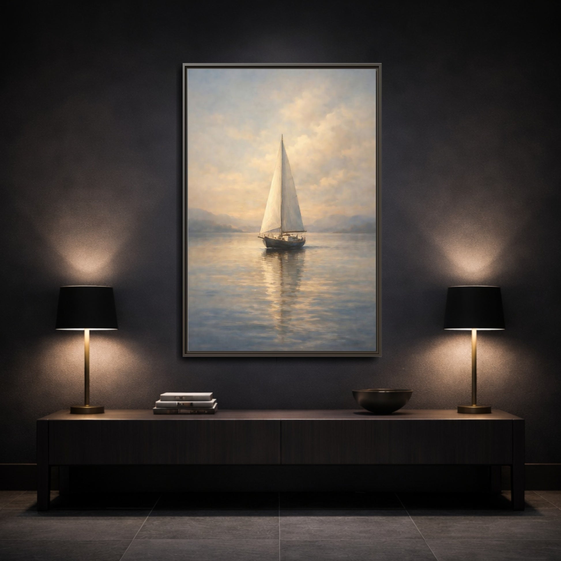 Mockup 2. Nature Sailboat Blue And Gold shown as stretched canvas wall art