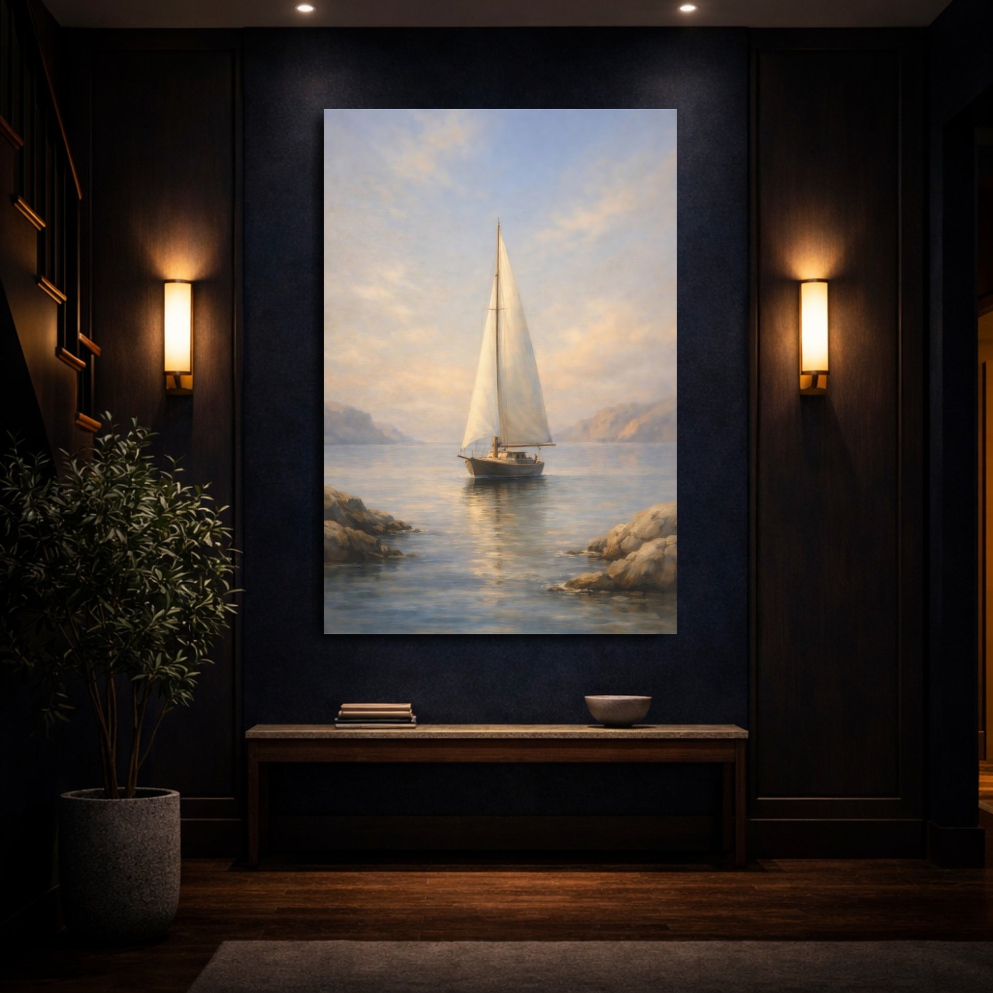 Mockup 3. Nature Sailboat Blue And Gold shown as stretched canvas wall art