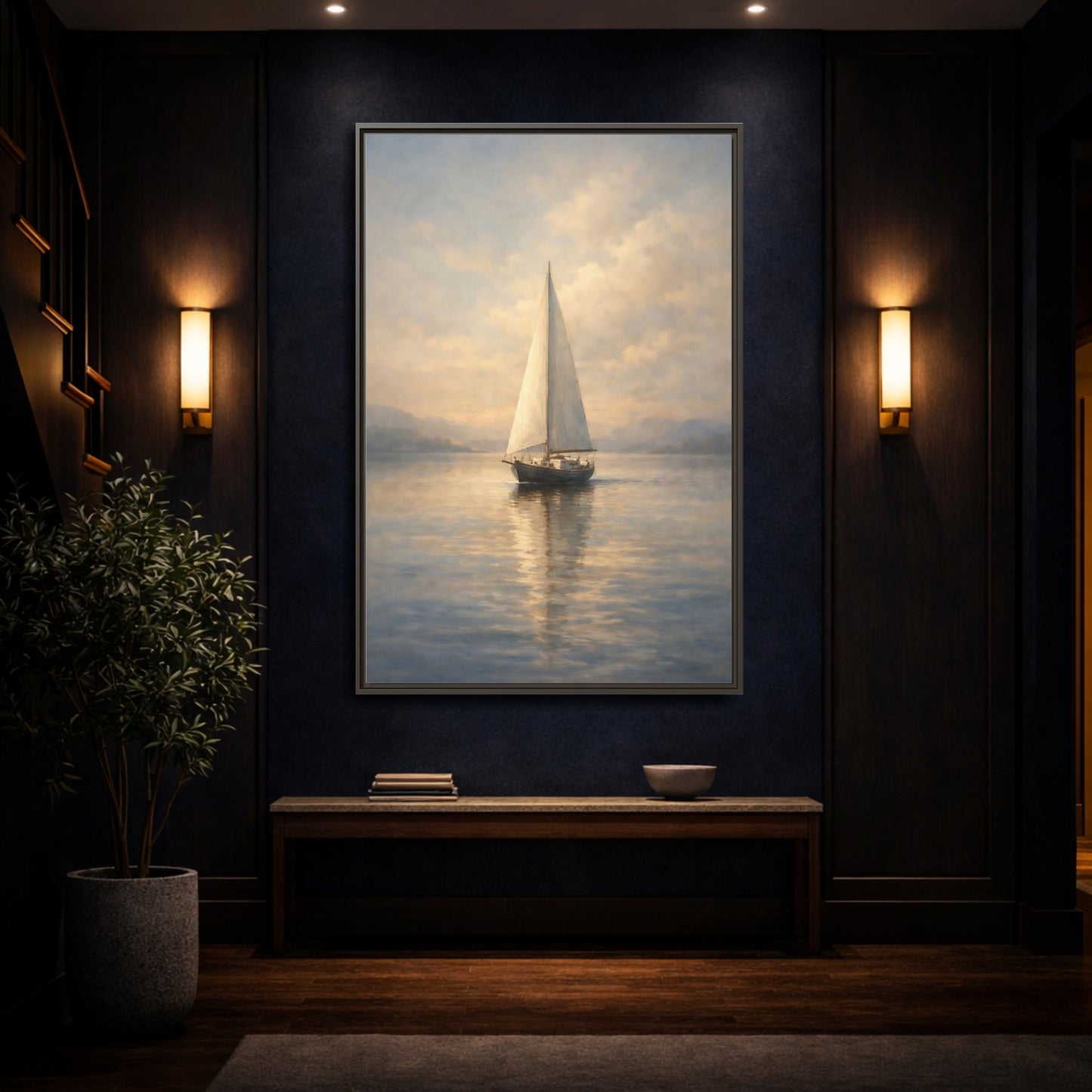 Mockup 3. Nature Sailboat Blue And Gold shown as stretched canvas wall art