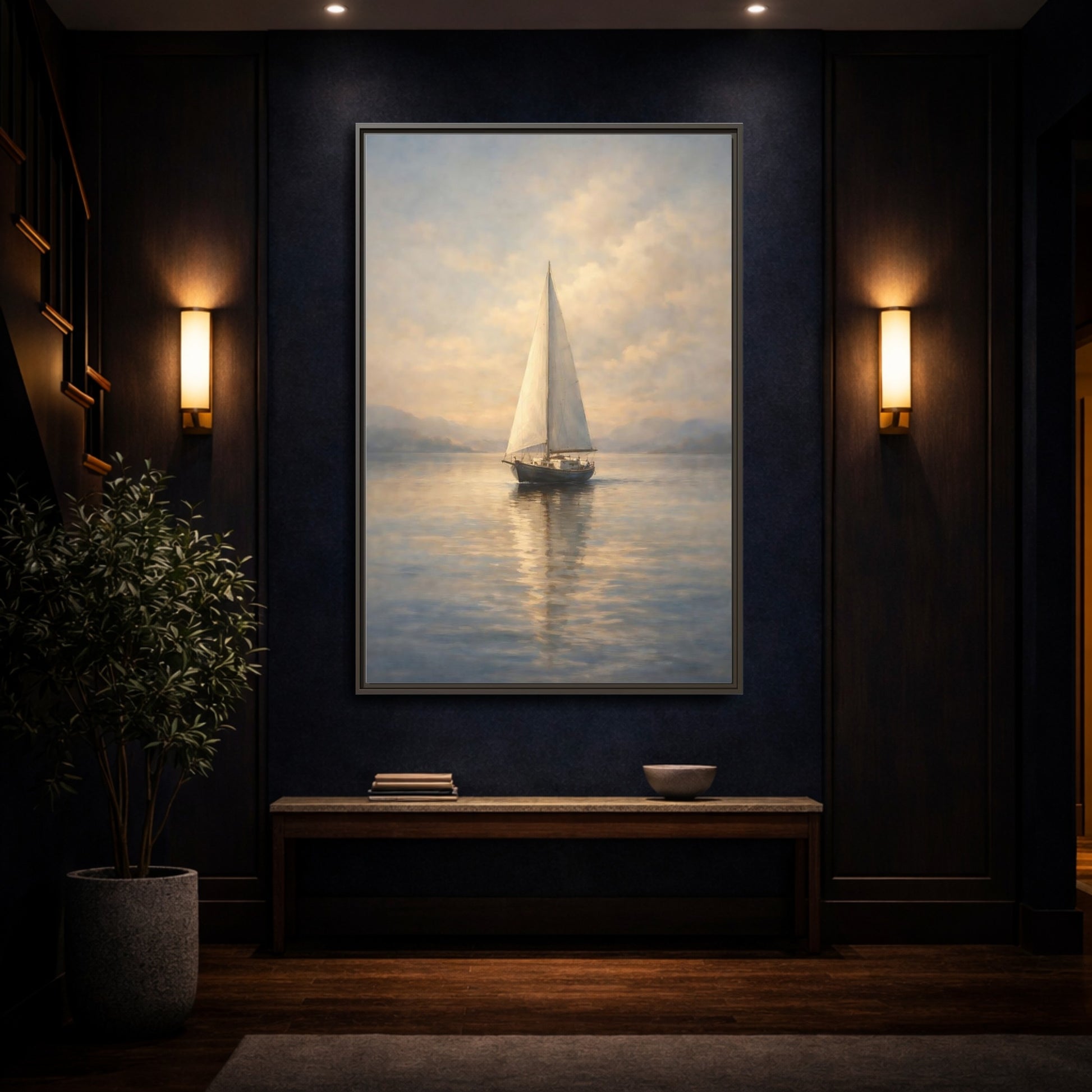 Mockup 3. Nature Sailboat Blue And Gold shown as stretched canvas wall art