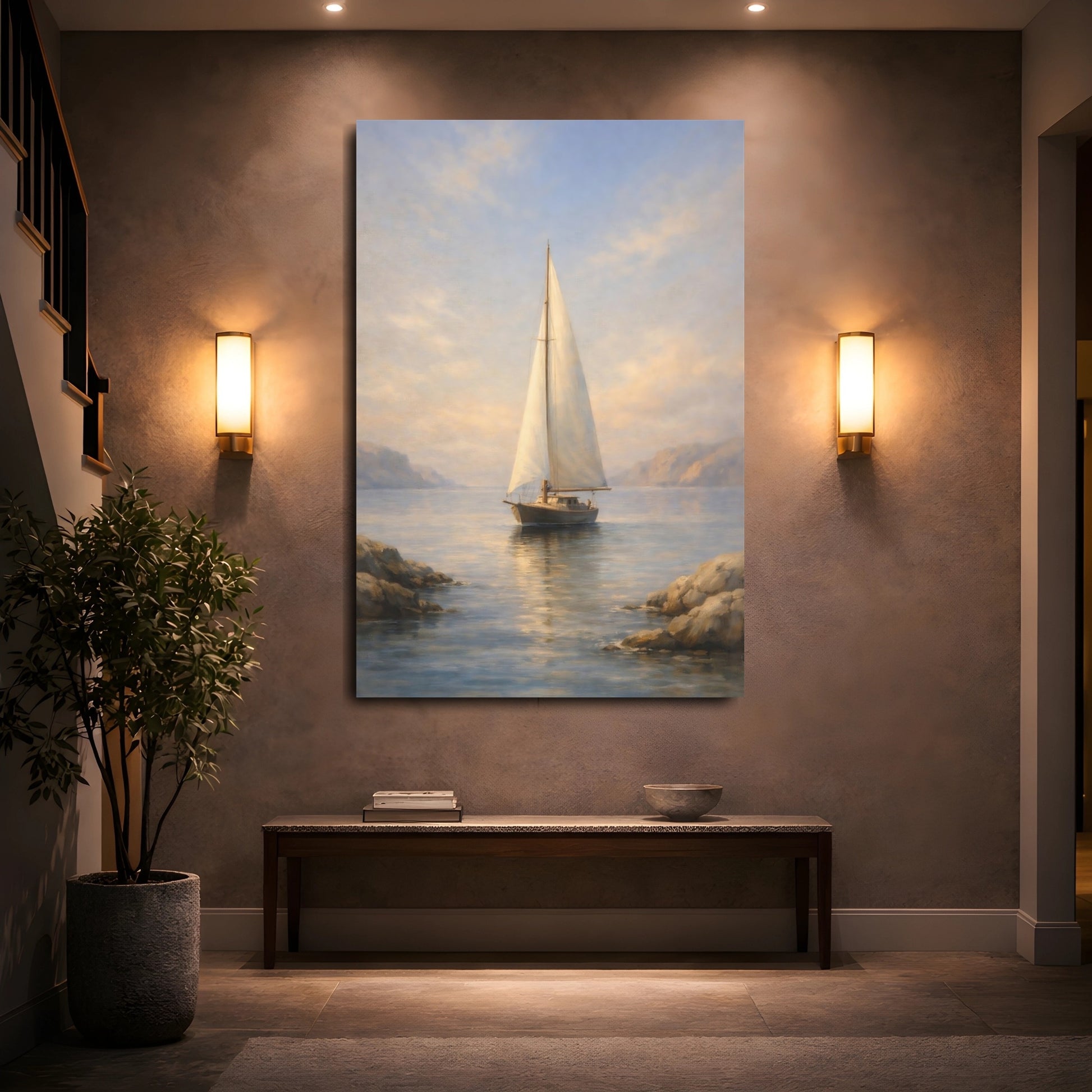 Mockup 4. Nature Sailboat Blue And Gold shown as stretched canvas wall art