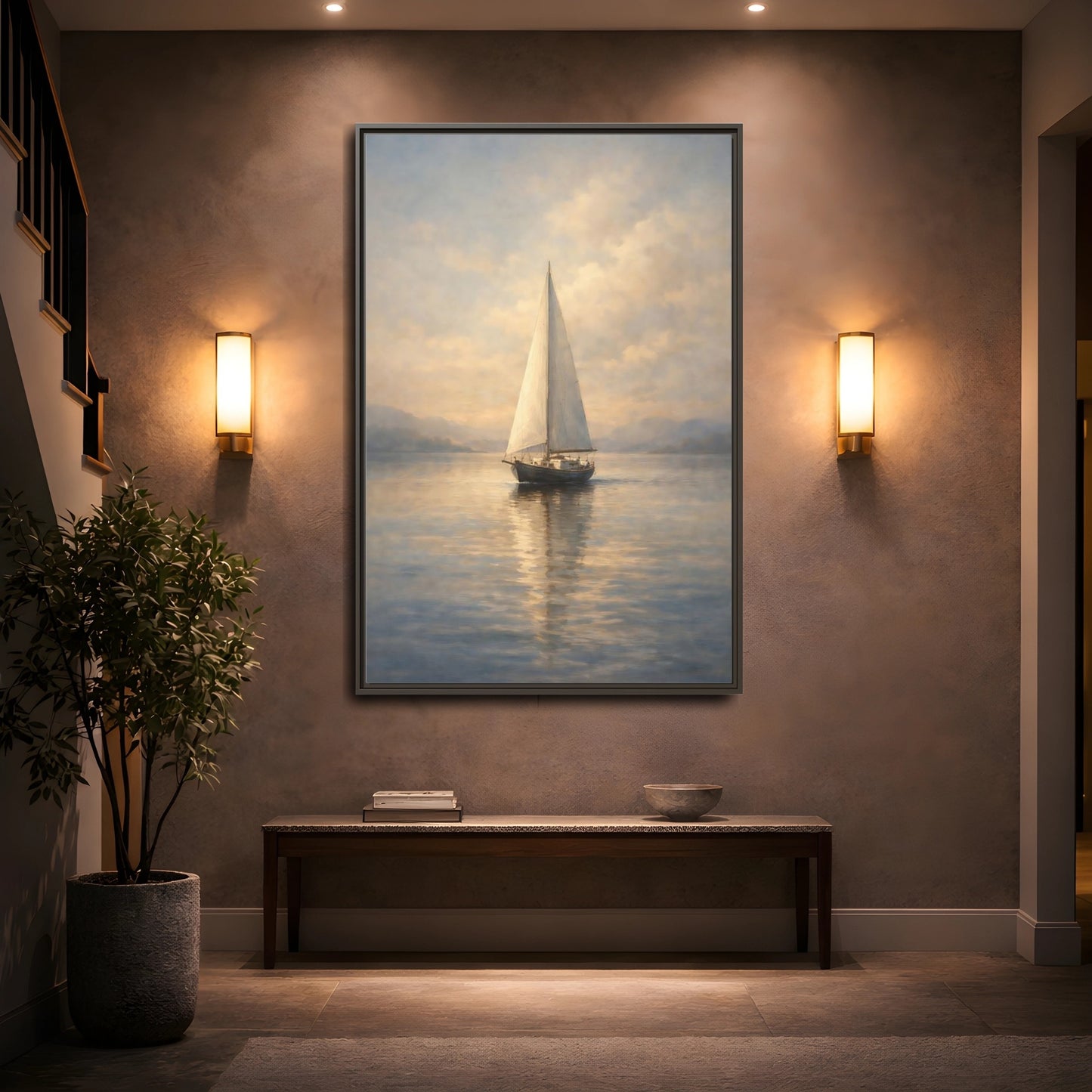 Mockup 4. Nature Sailboat Blue And Gold shown as stretched canvas wall art