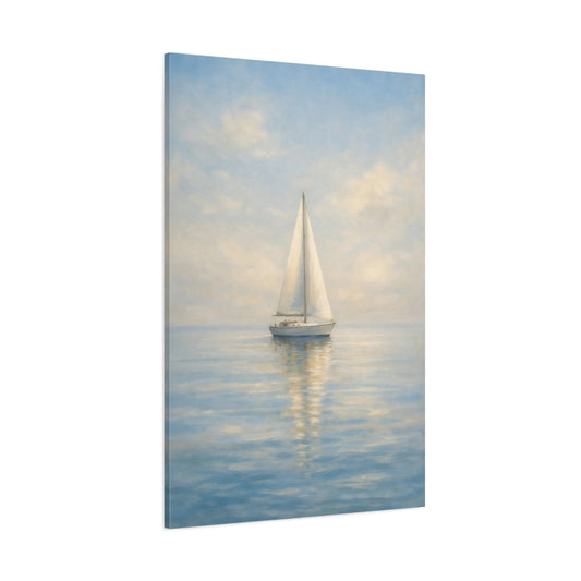 Main Mockup. Nature Sailboat Blue And White shown as stretched canvas wall art