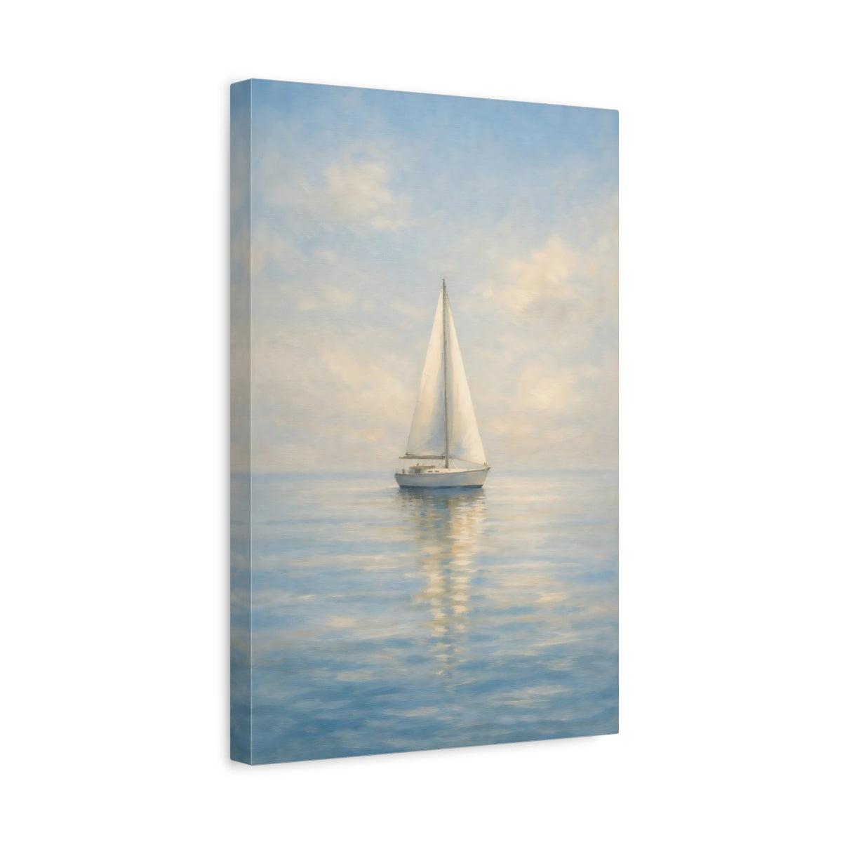Side Mockup 4. Nature Sailboat Blue And White shown as stretched canvas wall art