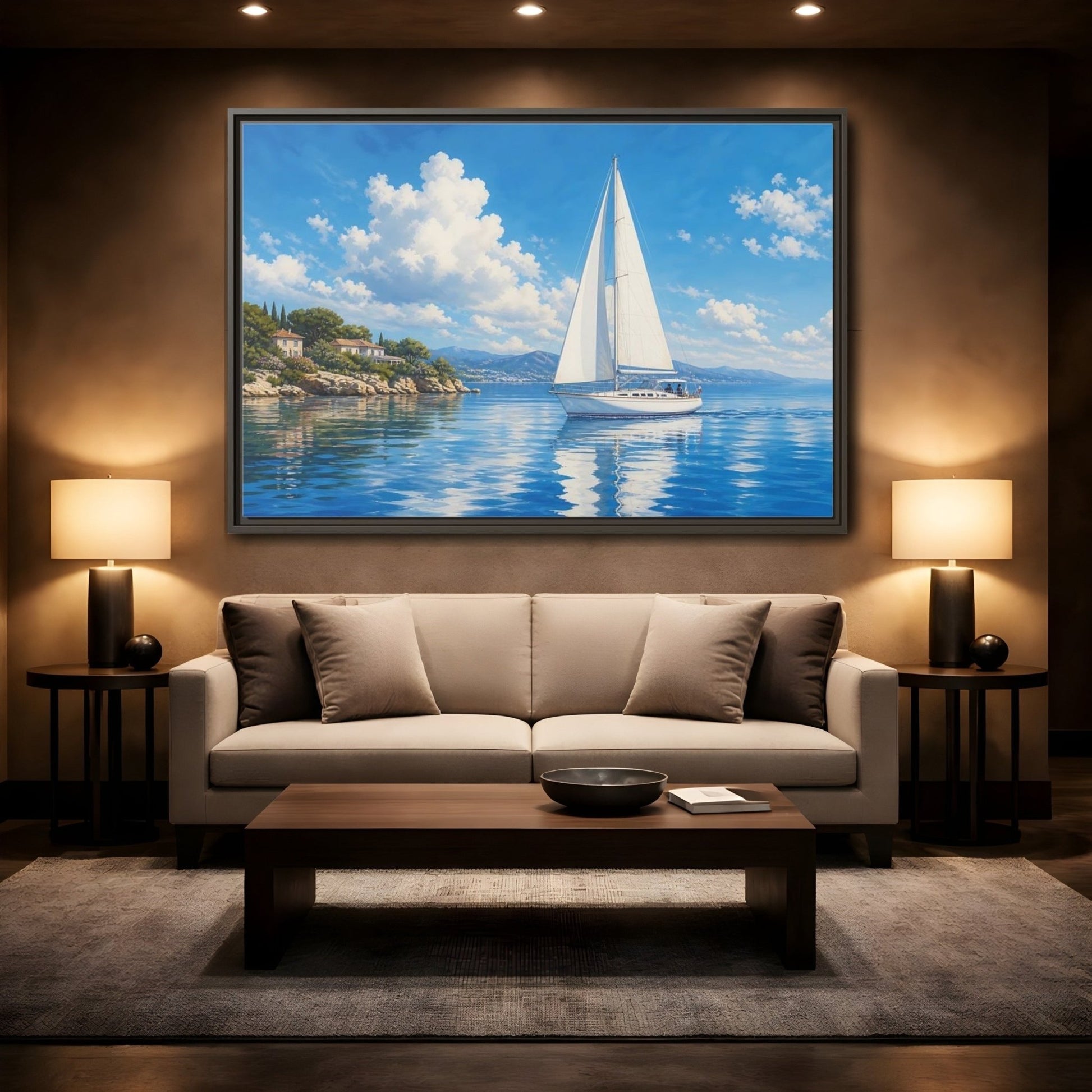 Nature Sailboat Blue And White Framed Canvas Wall Art Print – Coastal Living Room, Above Fireplace - YesArtYes