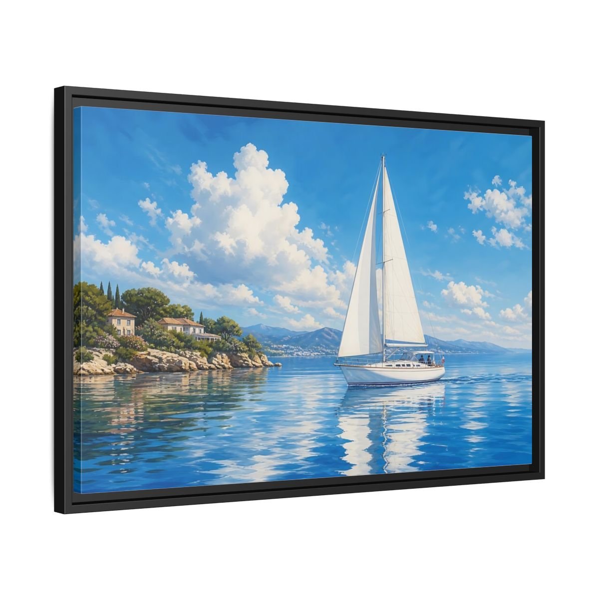 Nature Sailboat Blue And White Framed Canvas Wall Art Print – Coastal Living Room, Above Fireplace - YesArtYes