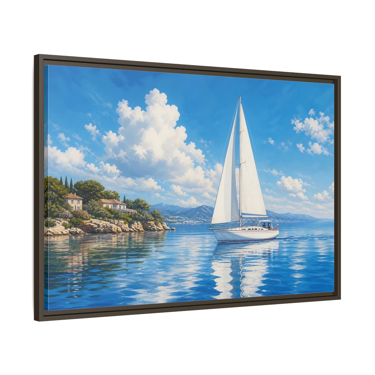 Nature Sailboat Blue And White Framed Canvas Wall Art Print – Coastal Living Room, Above Fireplace - YesArtYes