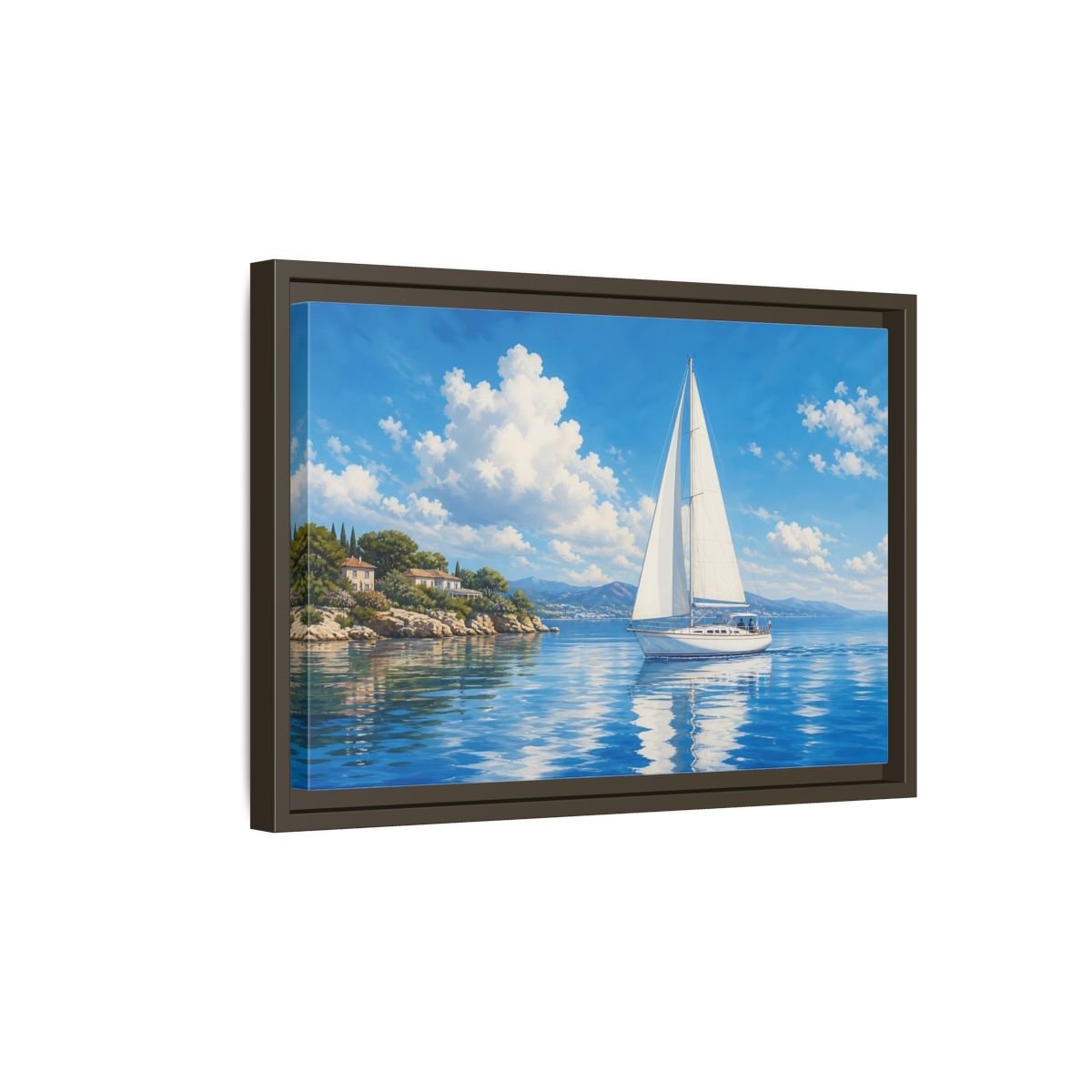 Nature Sailboat Blue And White Framed Canvas Wall Art Print – Coastal Living Room, Above Fireplace - YesArtYes