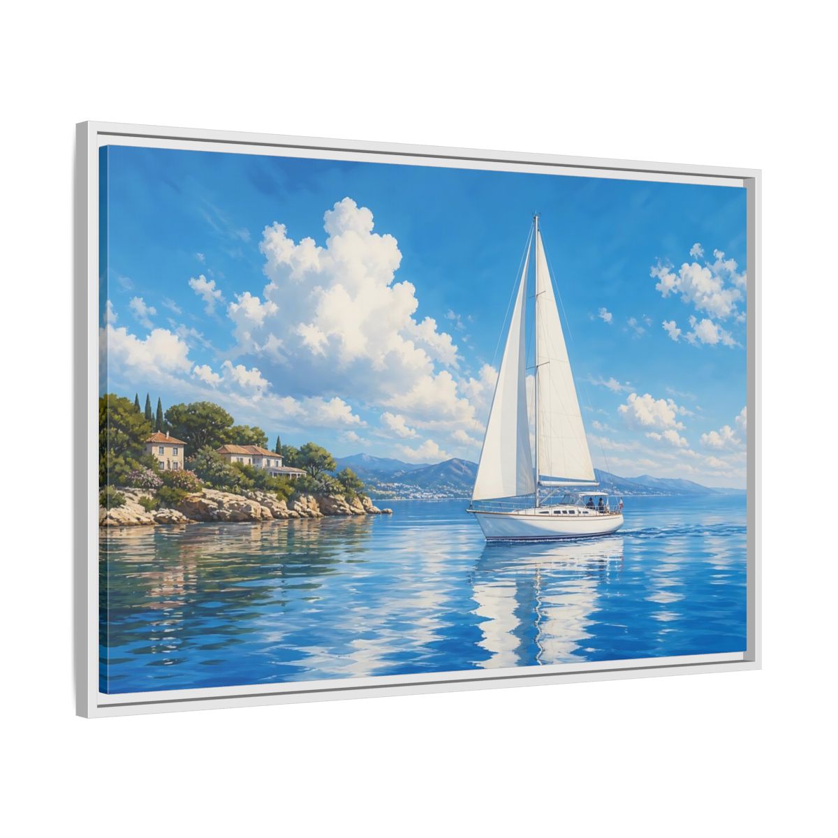 Nature Sailboat Blue And White Framed Canvas Wall Art Print – Coastal Living Room, Above Fireplace - YesArtYes