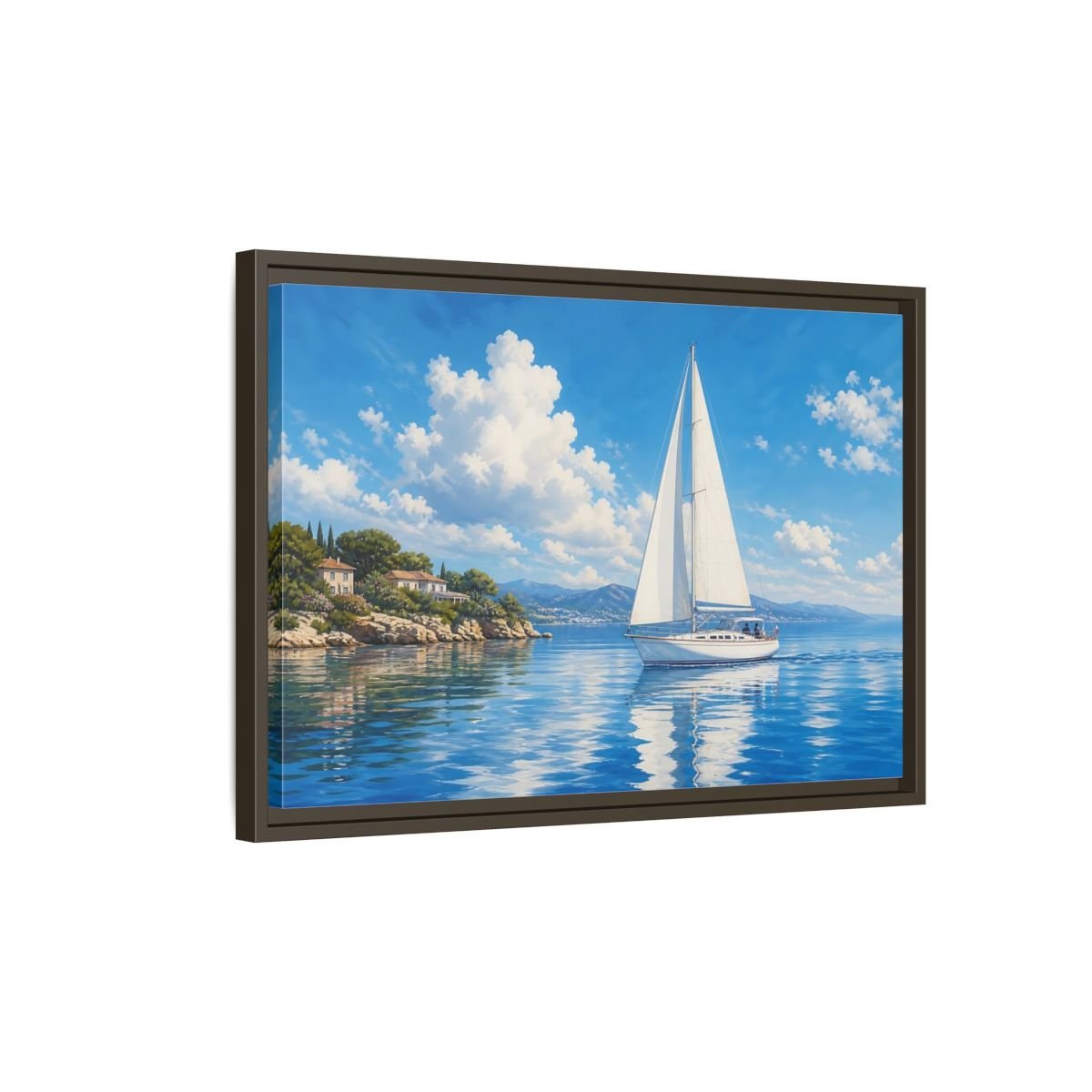 Nature Sailboat Blue And White Framed Canvas Wall Art Print – Coastal Living Room, Above Fireplace - YesArtYes