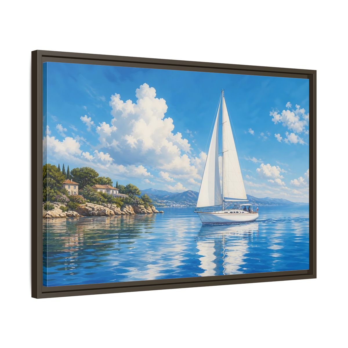 Nature Sailboat Blue And White Framed Canvas Wall Art Print – Coastal Living Room, Above Fireplace - YesArtYes
