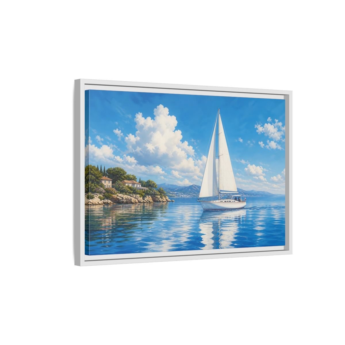 Nature Sailboat Blue And White Framed Canvas Wall Art Print – Coastal Living Room, Above Fireplace - YesArtYes
