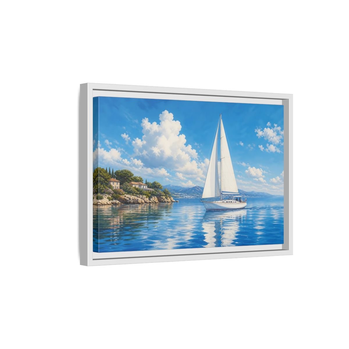 Nature Sailboat Blue And White Framed Canvas Wall Art Print – Coastal Living Room, Above Fireplace - YesArtYes