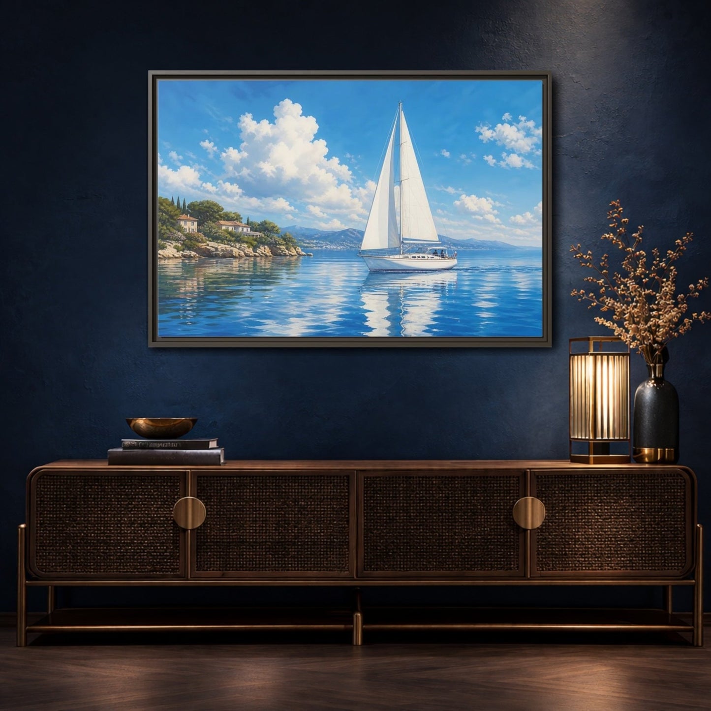 Nature Sailboat Blue And White Framed Canvas Wall Art Print – Coastal Living Room, Above Fireplace - YesArtYes
