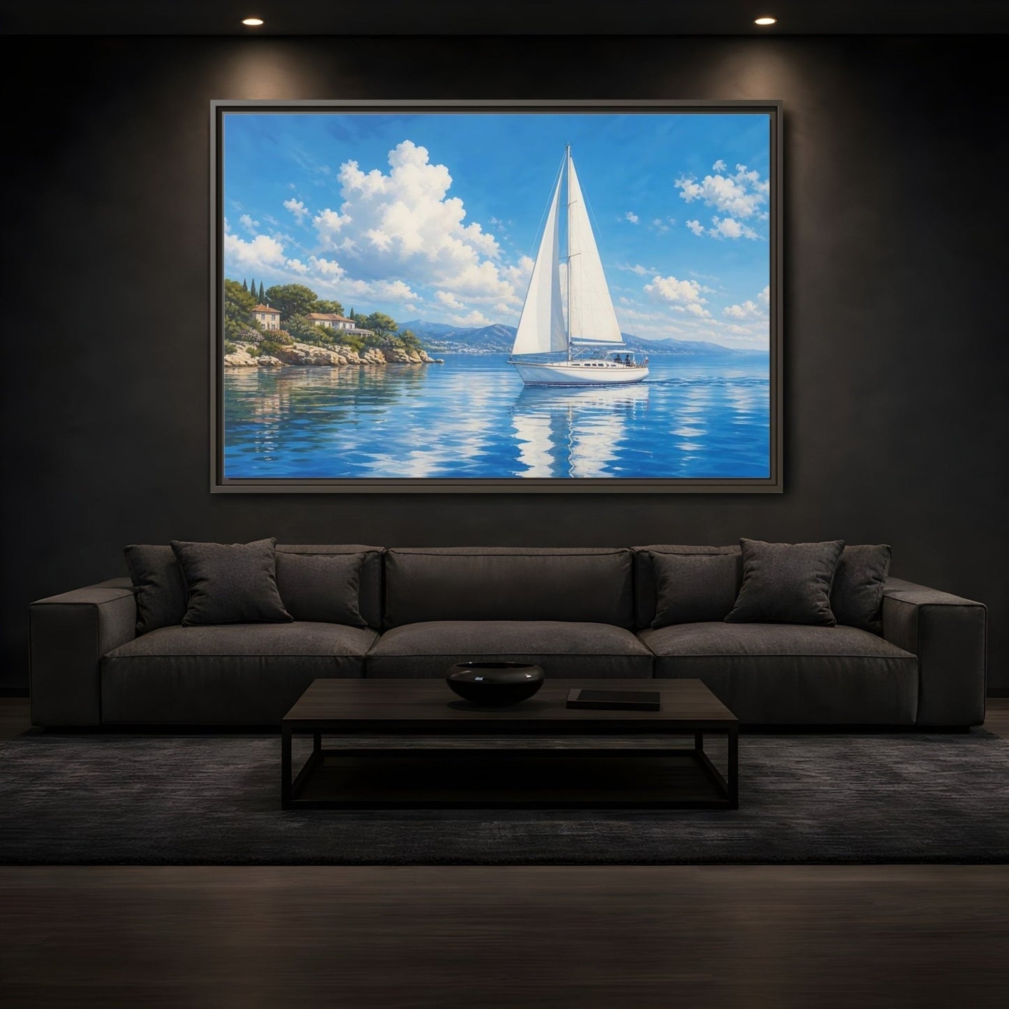Nature Sailboat Blue And White Framed Canvas Wall Art Print – Coastal Living Room, Above Fireplace - YesArtYes
