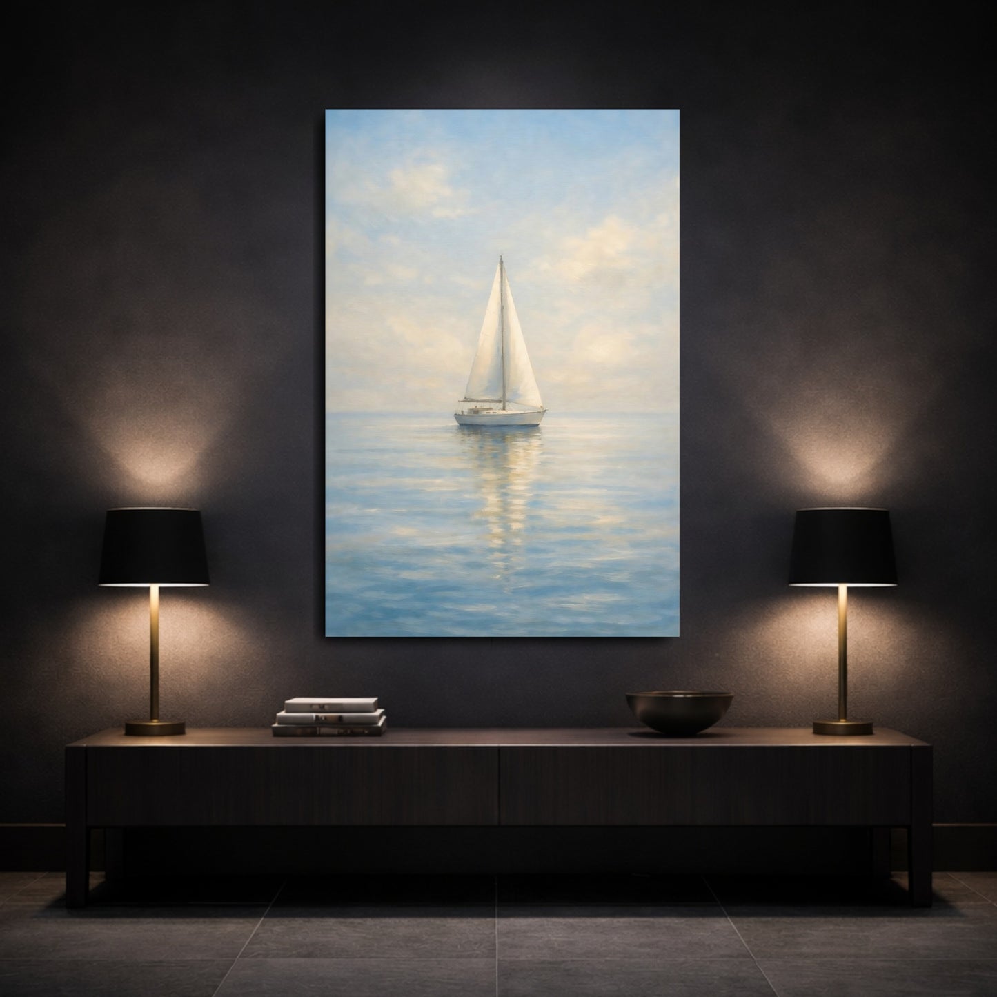 Mockup 2. Nature Sailboat Blue And White shown as stretched canvas wall art