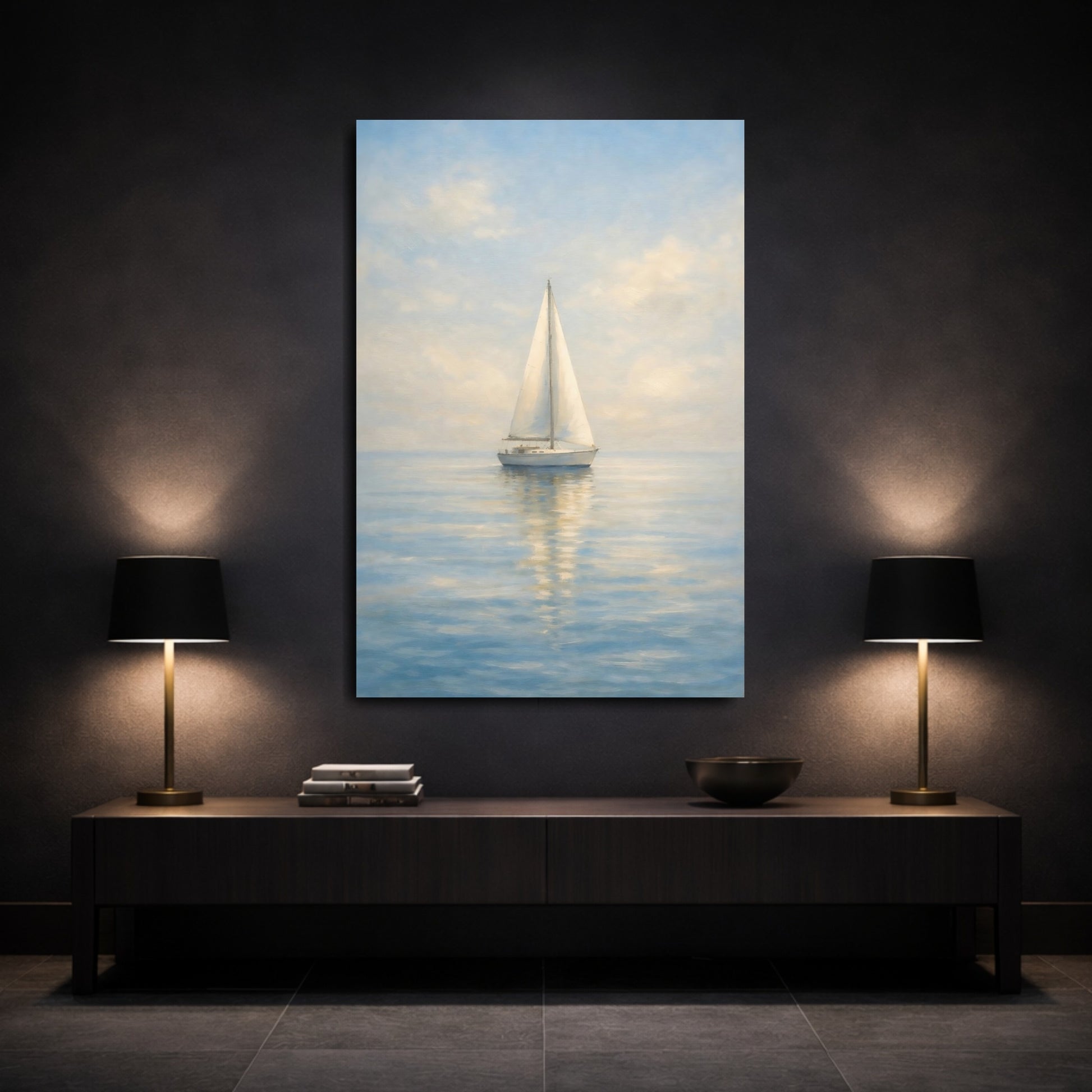 Mockup 2. Nature Sailboat Blue And White shown as stretched canvas wall art