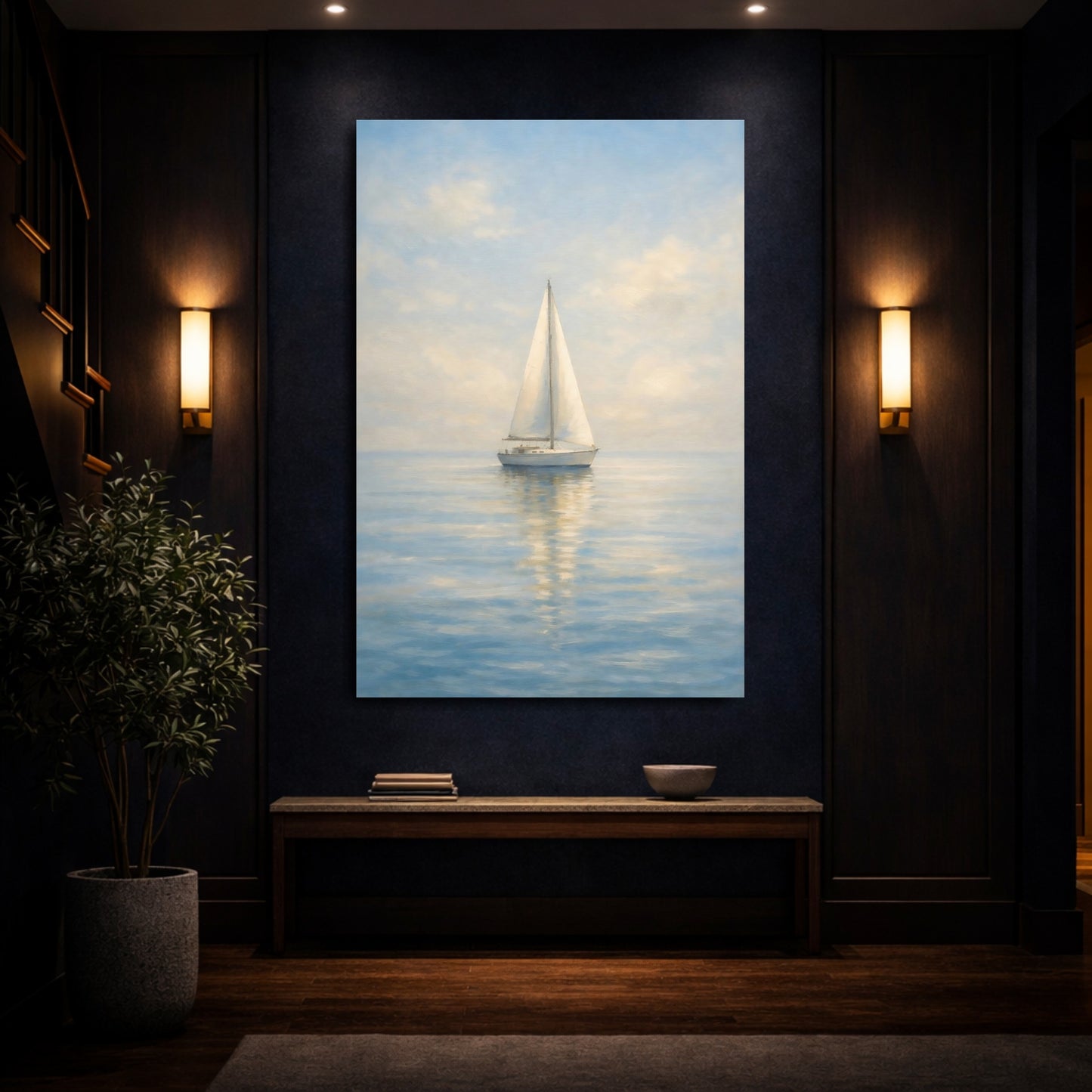 Mockup 3. Nature Sailboat Blue And White shown as stretched canvas wall art