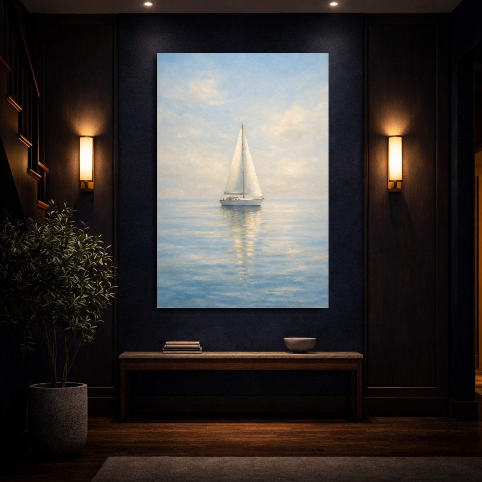 Mockup 3. Nature Sailboat Blue And White shown as stretched canvas wall art