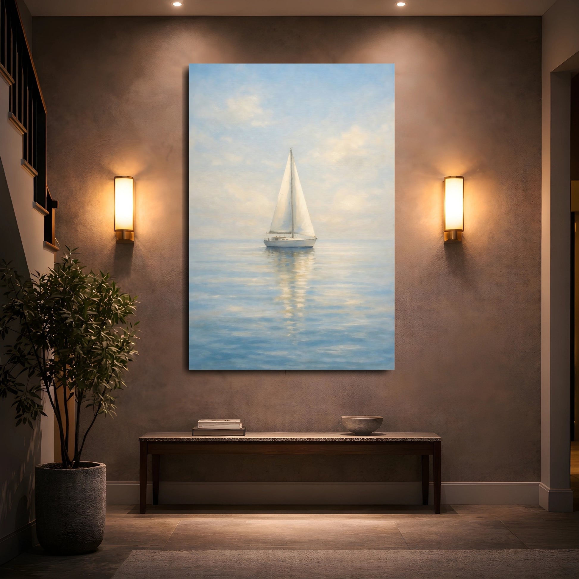 Mockup 4. Nature Sailboat Blue And White shown as stretched canvas wall art