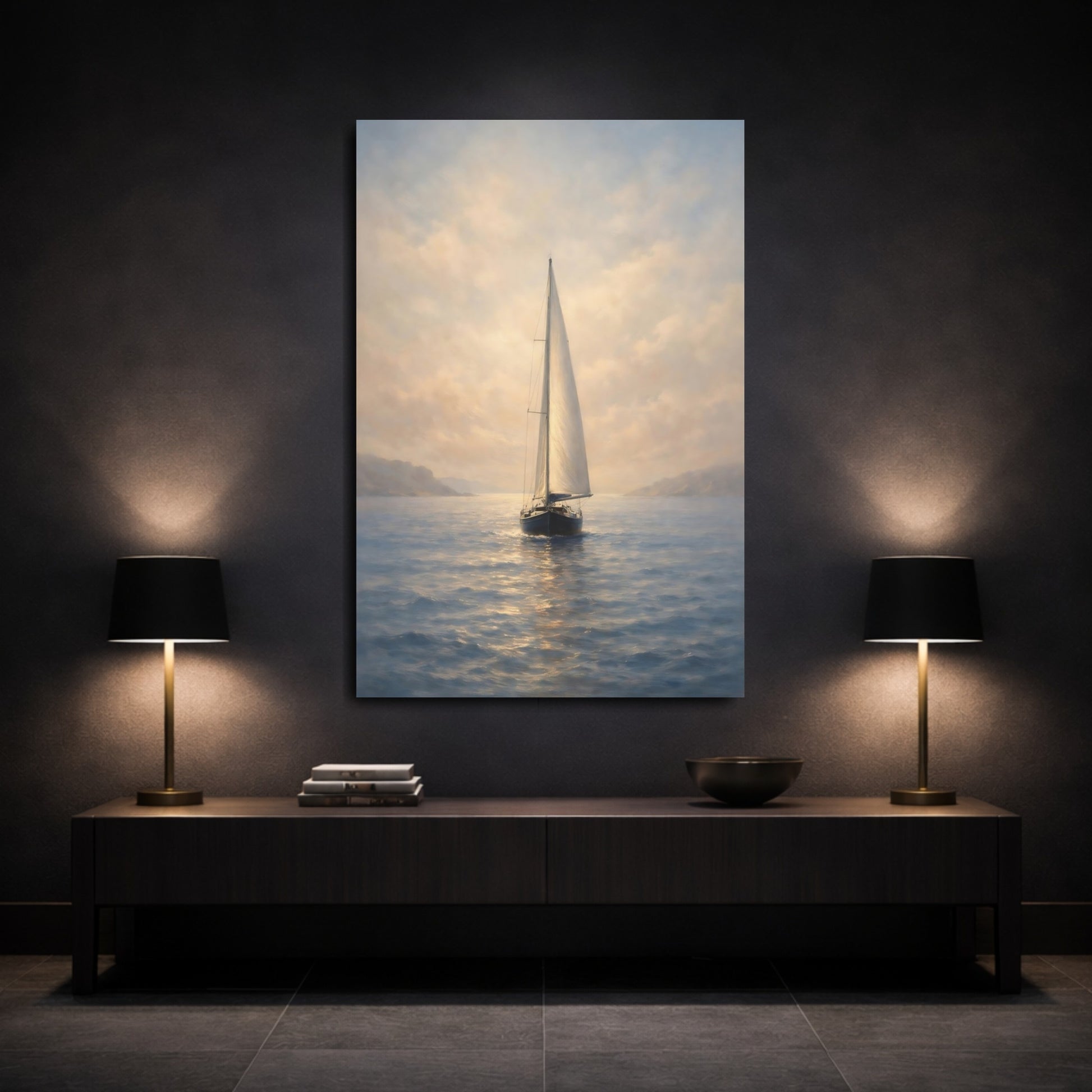 Mockup 2. Nature Sailboat Blue Gold Seascape shown as stretched canvas wall art