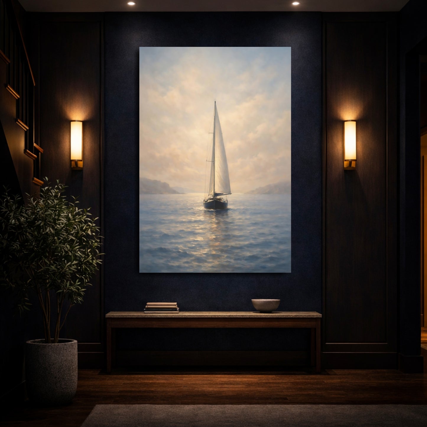 Mockup 3. Nature Sailboat Blue Gold Seascape shown as stretched canvas wall art