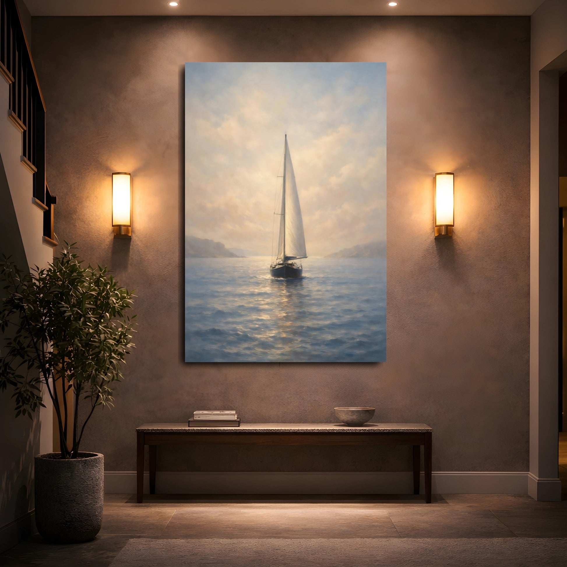 Mockup 4. Nature Sailboat Blue Gold Seascape shown as stretched canvas wall art