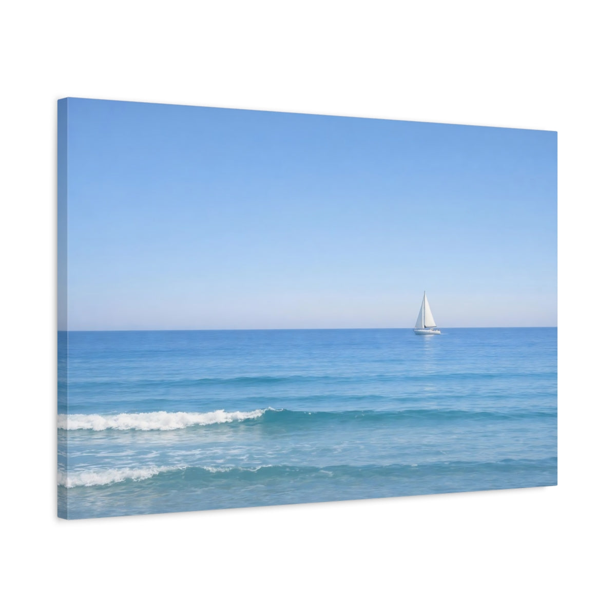 Side Mockup 2. Nature Sailboat Blue Ocean Sailboat shown as stretched canvas wall art