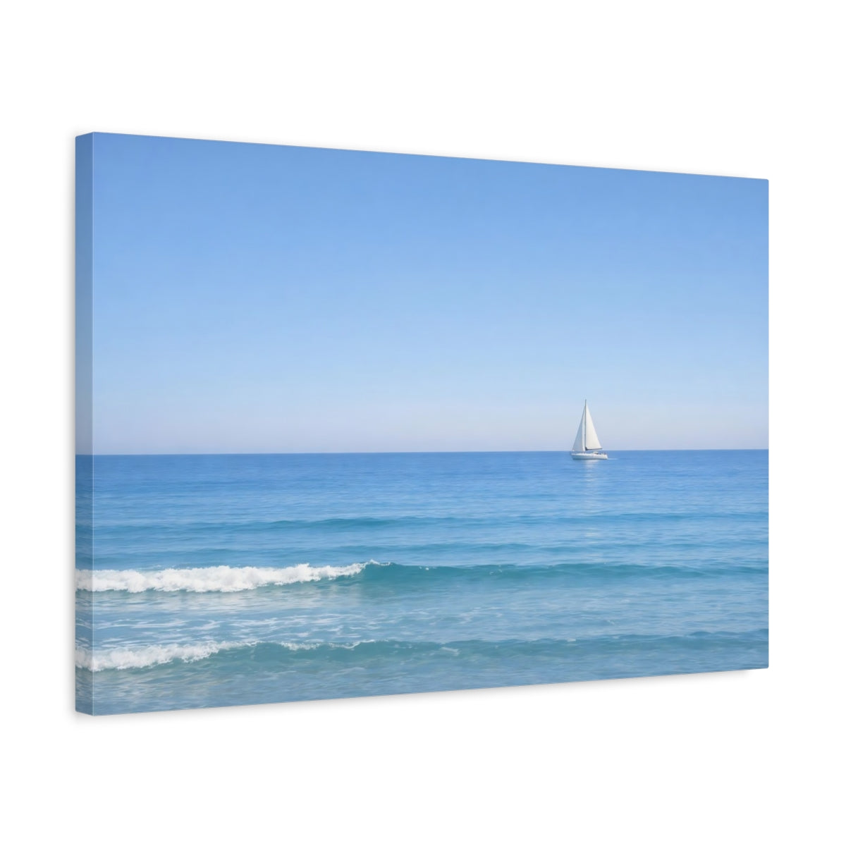Side Mockup 3. Nature Sailboat Blue Ocean Sailboat shown as stretched canvas wall art
