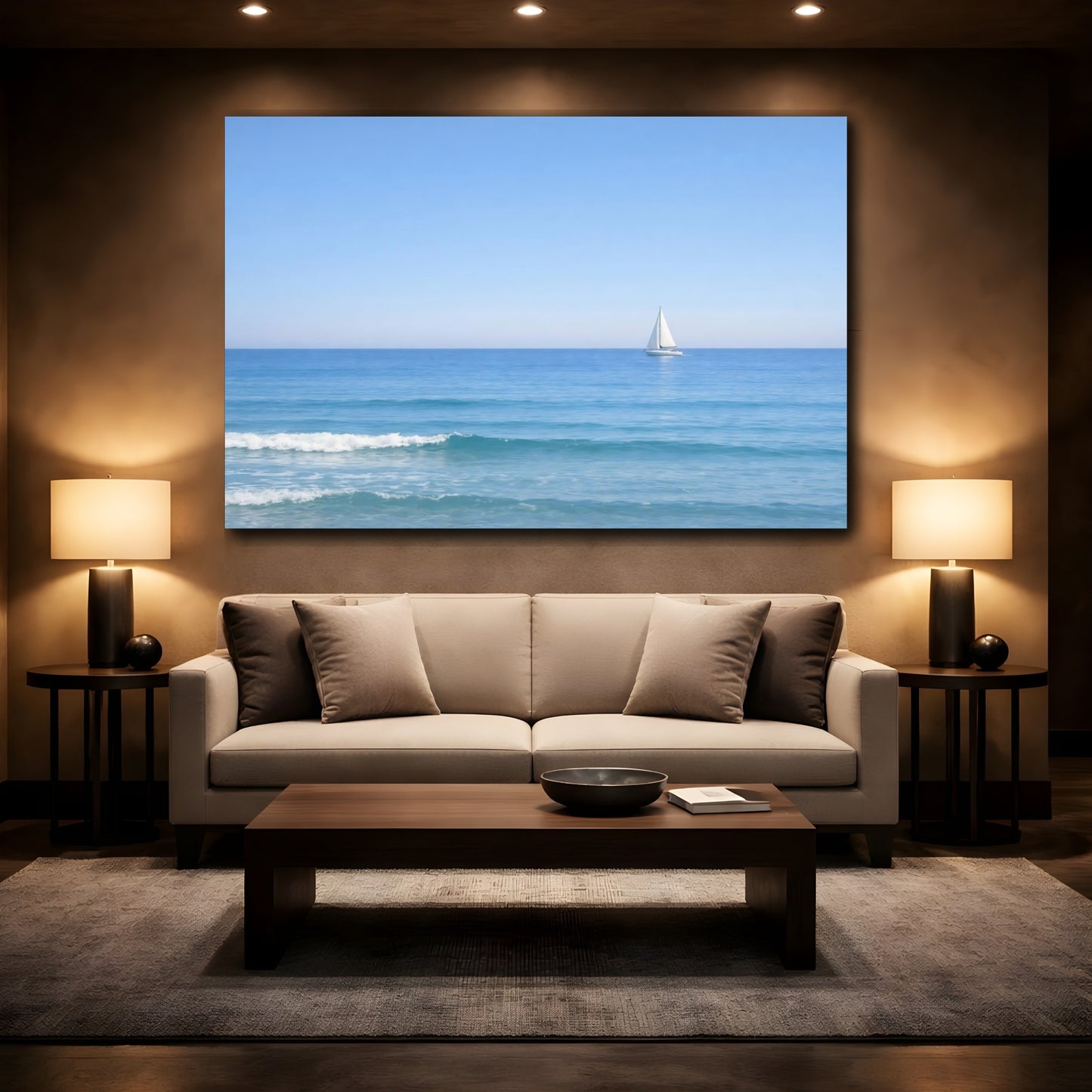 Mockup 2. Nature Sailboat Blue Ocean Sailboat shown as stretched canvas wall art
