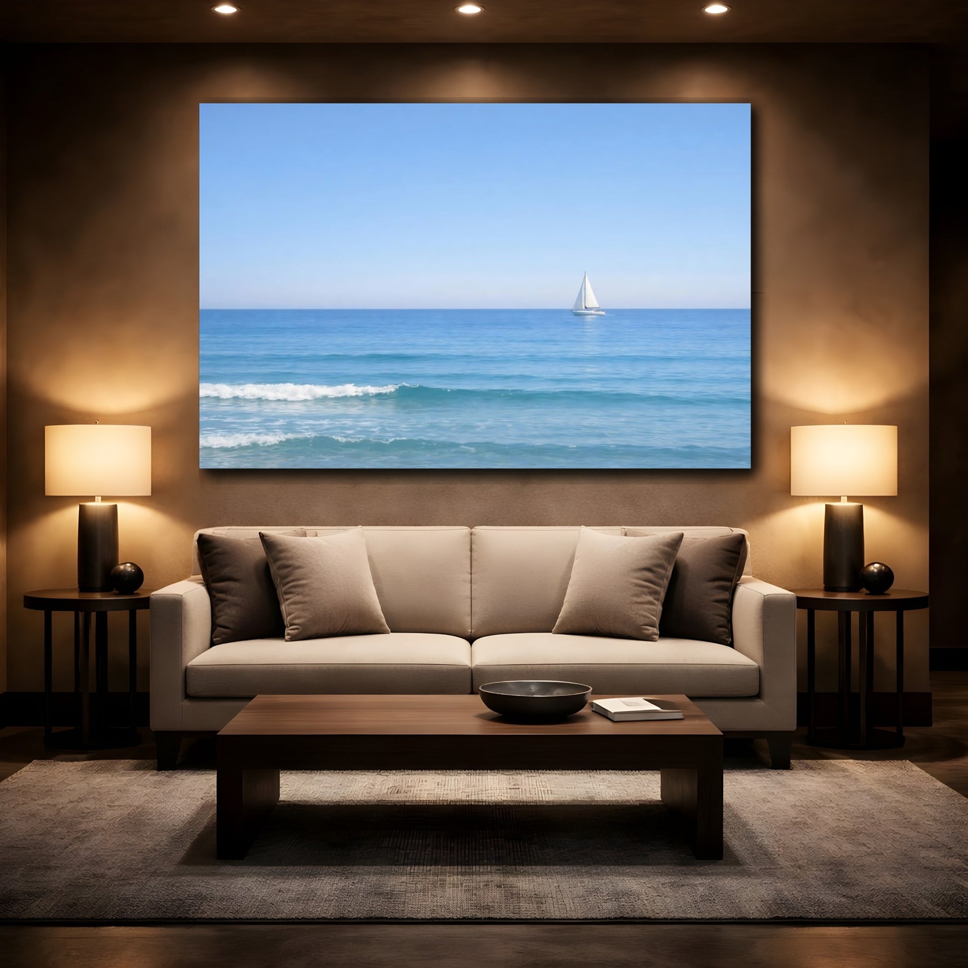 Mockup 2. Nature Sailboat Blue Ocean Sailboat shown as stretched canvas wall art
