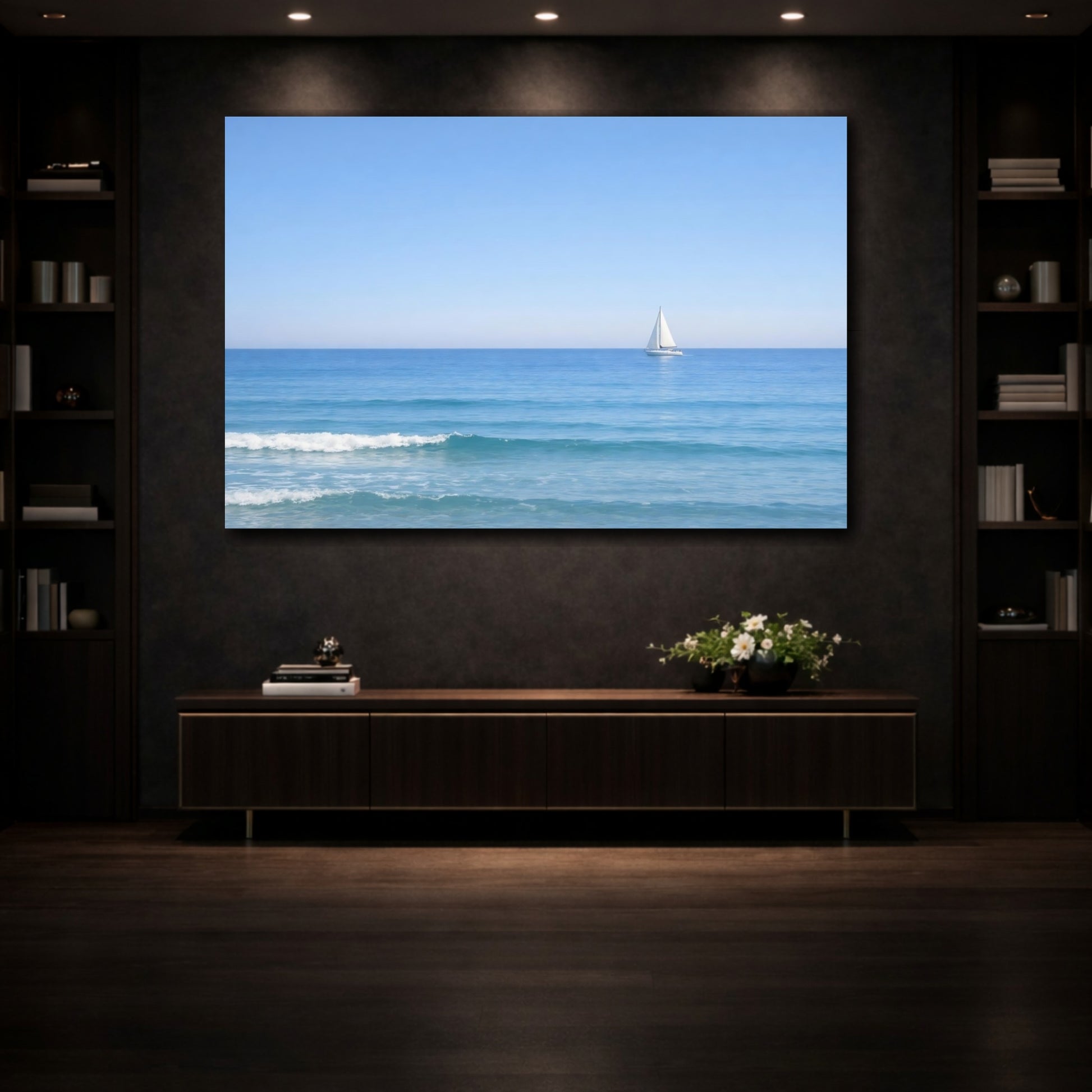 Mockup 3. Nature Sailboat Blue Ocean Sailboat shown as stretched canvas wall art