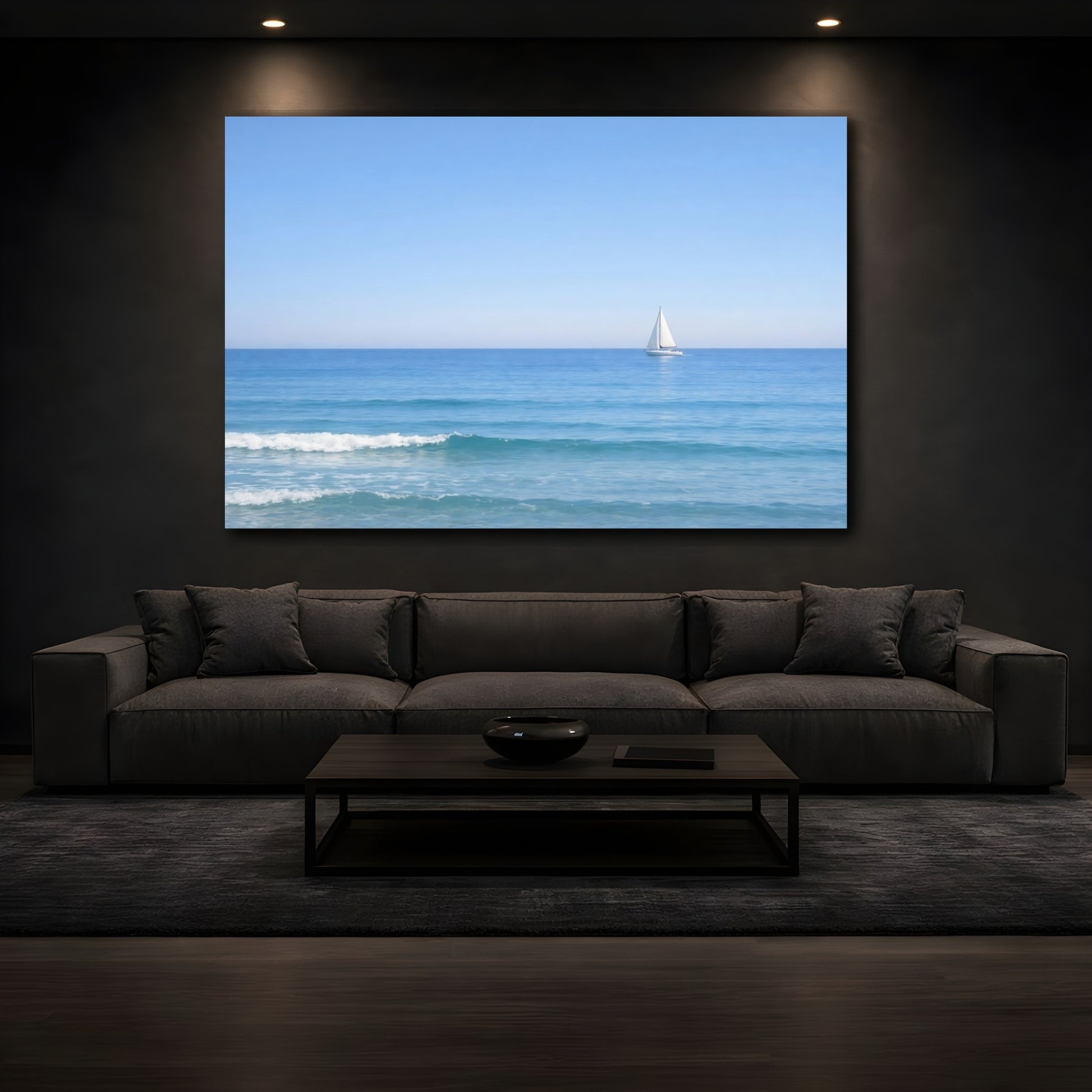 Mockup 4. Nature Sailboat Blue Ocean Sailboat shown as stretched canvas wall art