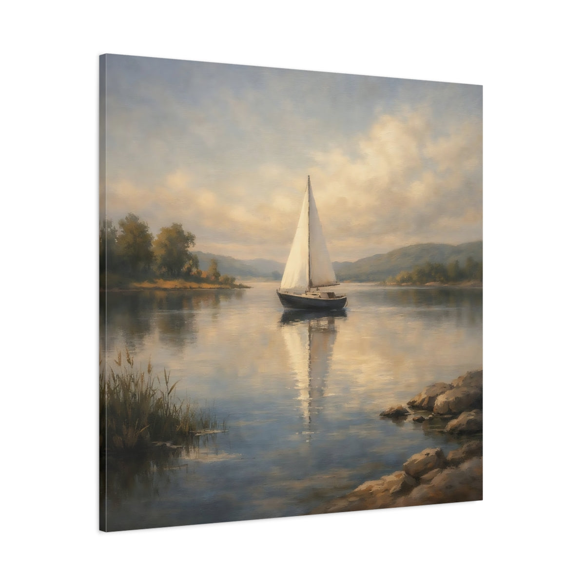Main Mockup. Nature Sailboat Calm Lake Sailboat shown as stretched canvas wall art