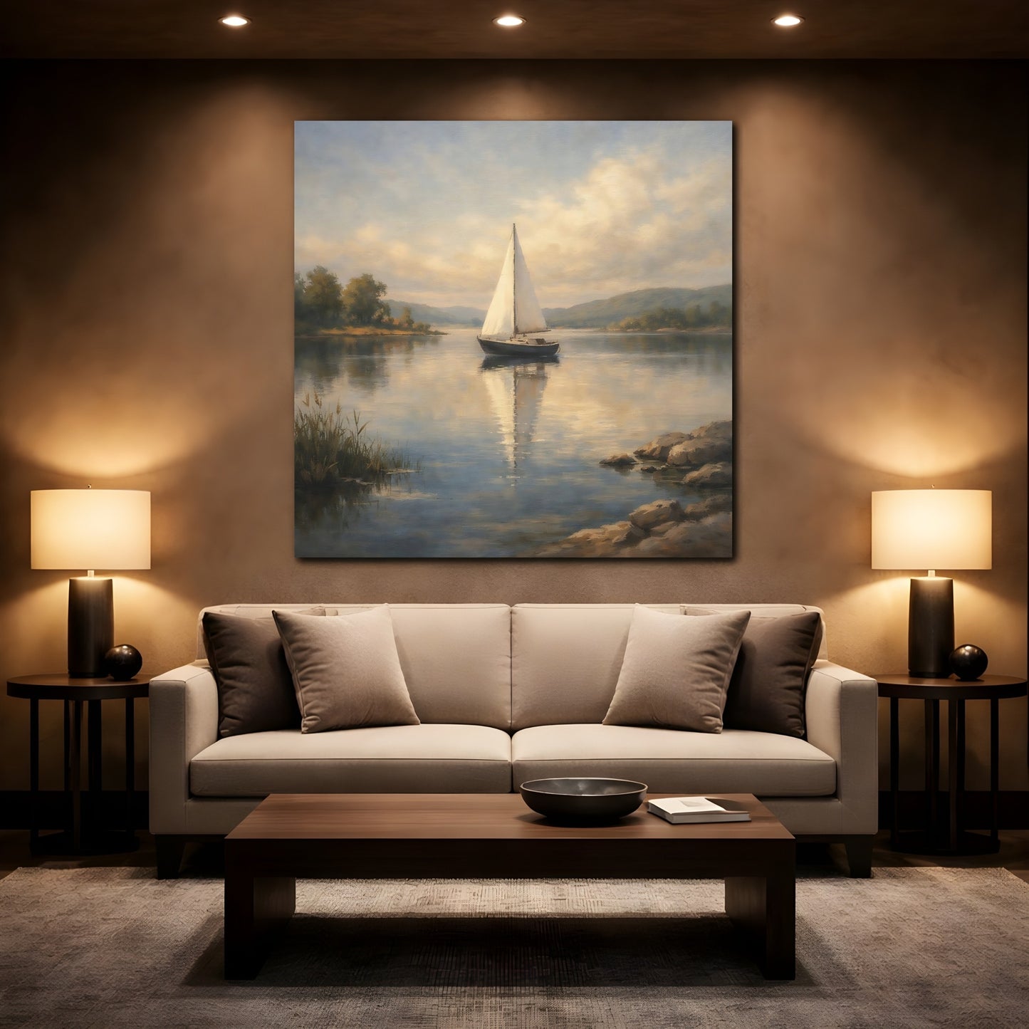 Mockup 2. Nature Sailboat Calm Lake Sailboat shown as stretched canvas wall art