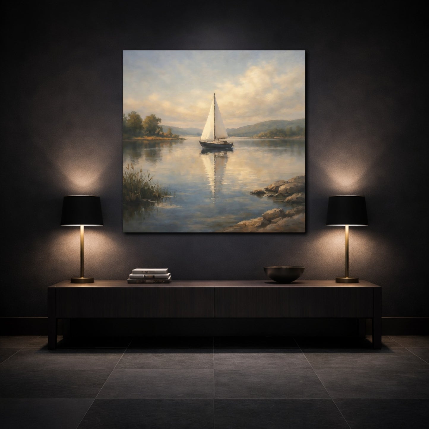 Mockup 3. Nature Sailboat Calm Lake Sailboat shown as stretched canvas wall art