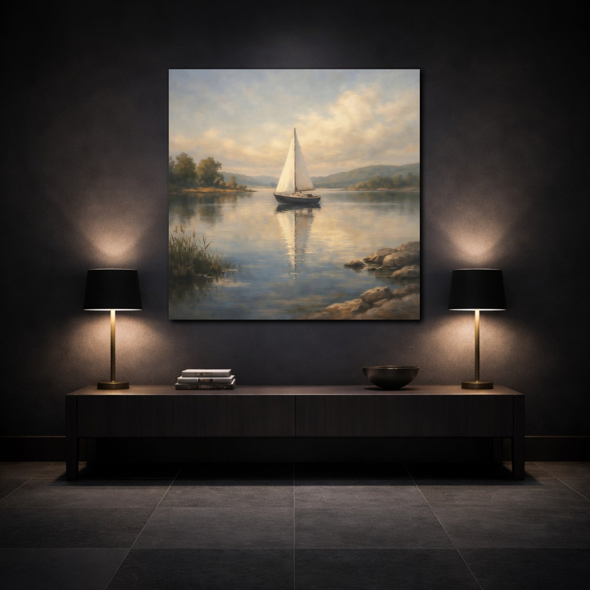 Mockup 3. Nature Sailboat Calm Lake Sailboat shown as stretched canvas wall art