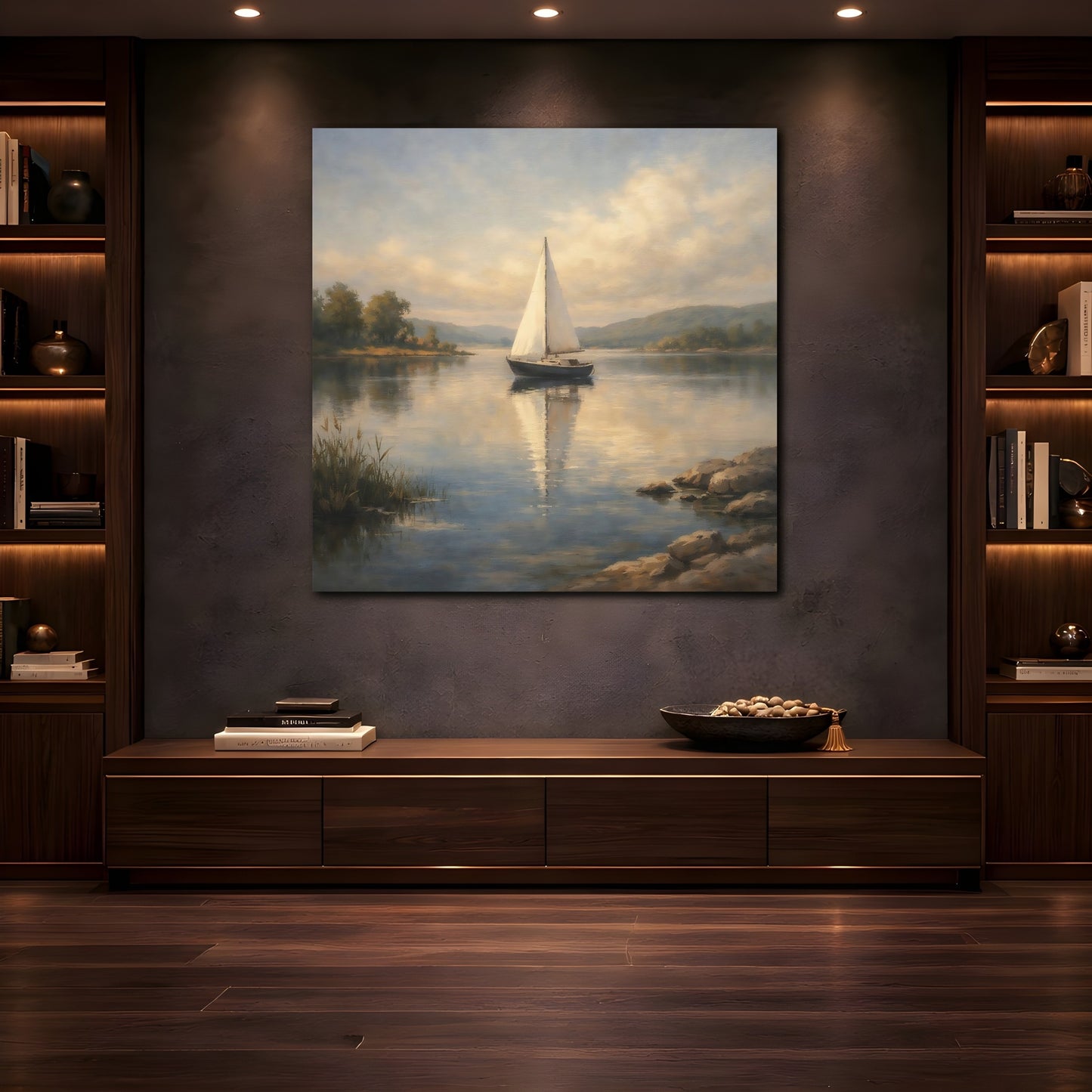 Mockup 4. Nature Sailboat Calm Lake Sailboat shown as stretched canvas wall art
